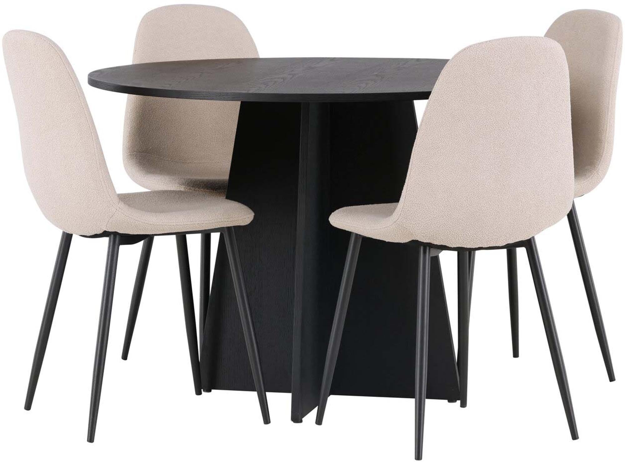 Entdecken Sie das stilvolle Bootcut Esszimmerset von Venture Home: runder Tisch mit 110 cm Durchmesser und 4 eleganten Polar-Stühlen für höchsten Komfort.