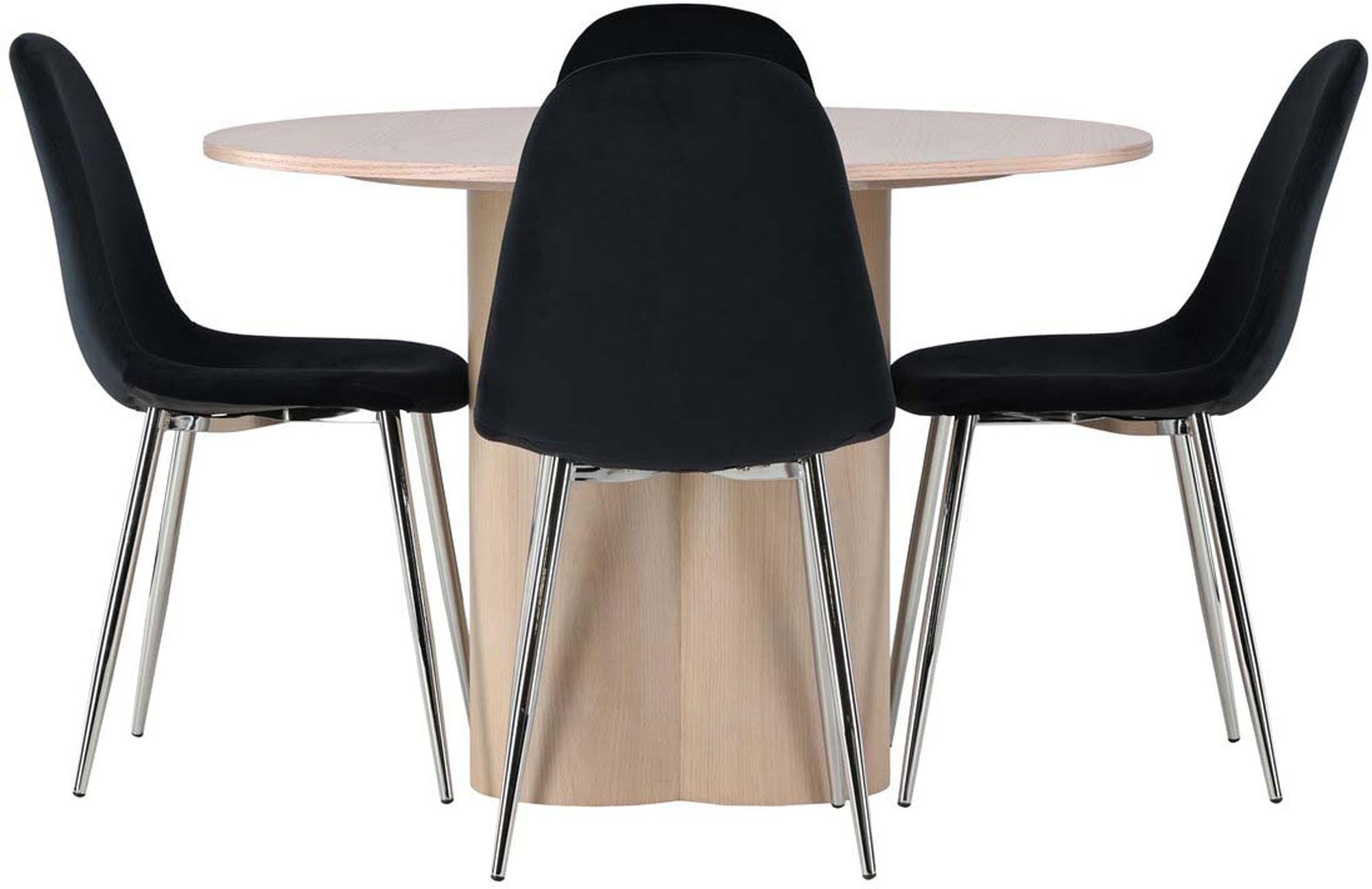 Elegantes Esszimmerset Olivia mit runder Tischplatte für 4 Personen. Hochwertige Materialien und ergonomischer Komfort für gesellige Abende.