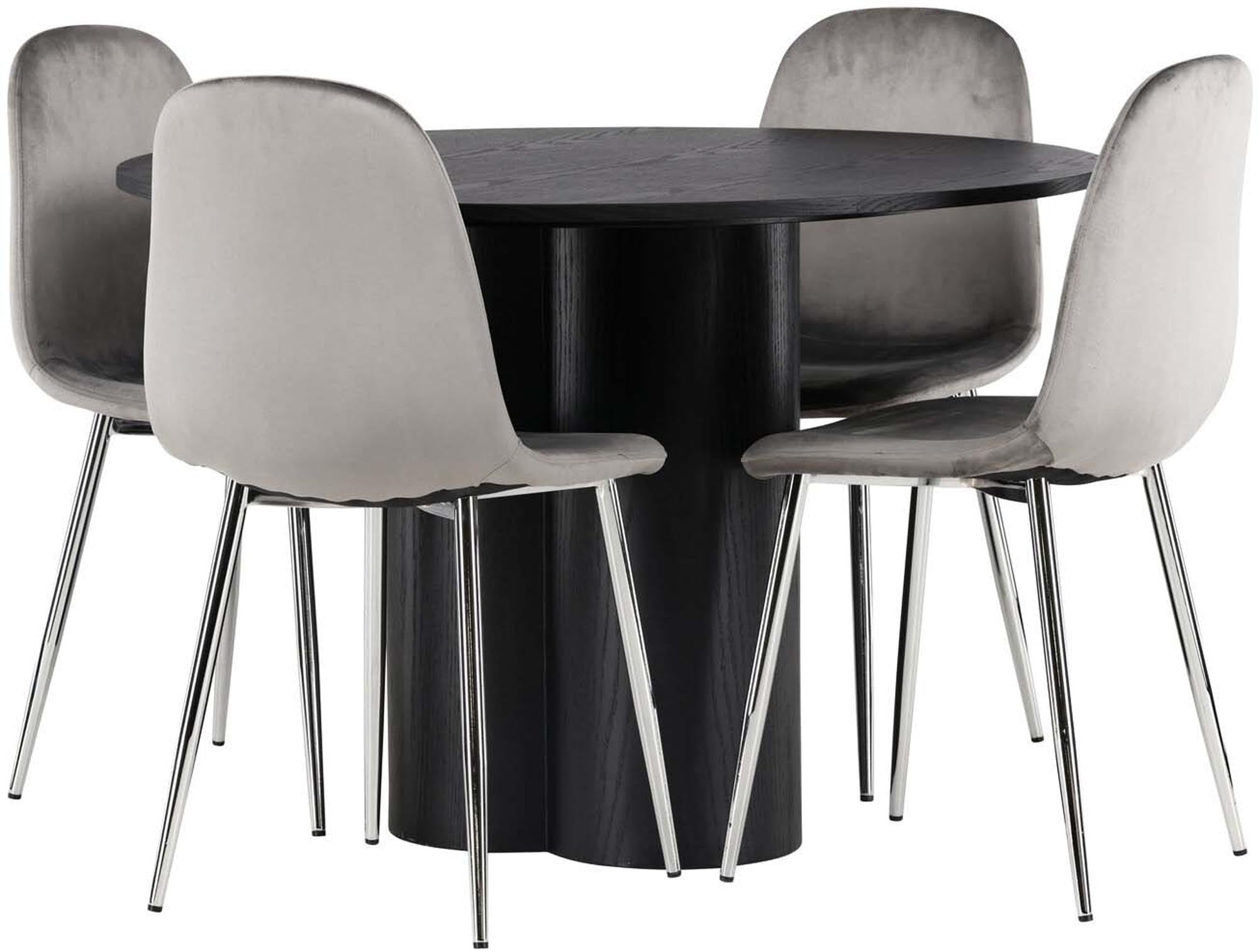 Elegantes Esszimmerset Olivia mit runder Tischplatte (⌀110cm) und 4 stilvollen Samtstühlen von Venture Home – ideal für festliche und entspannte Anlässe.