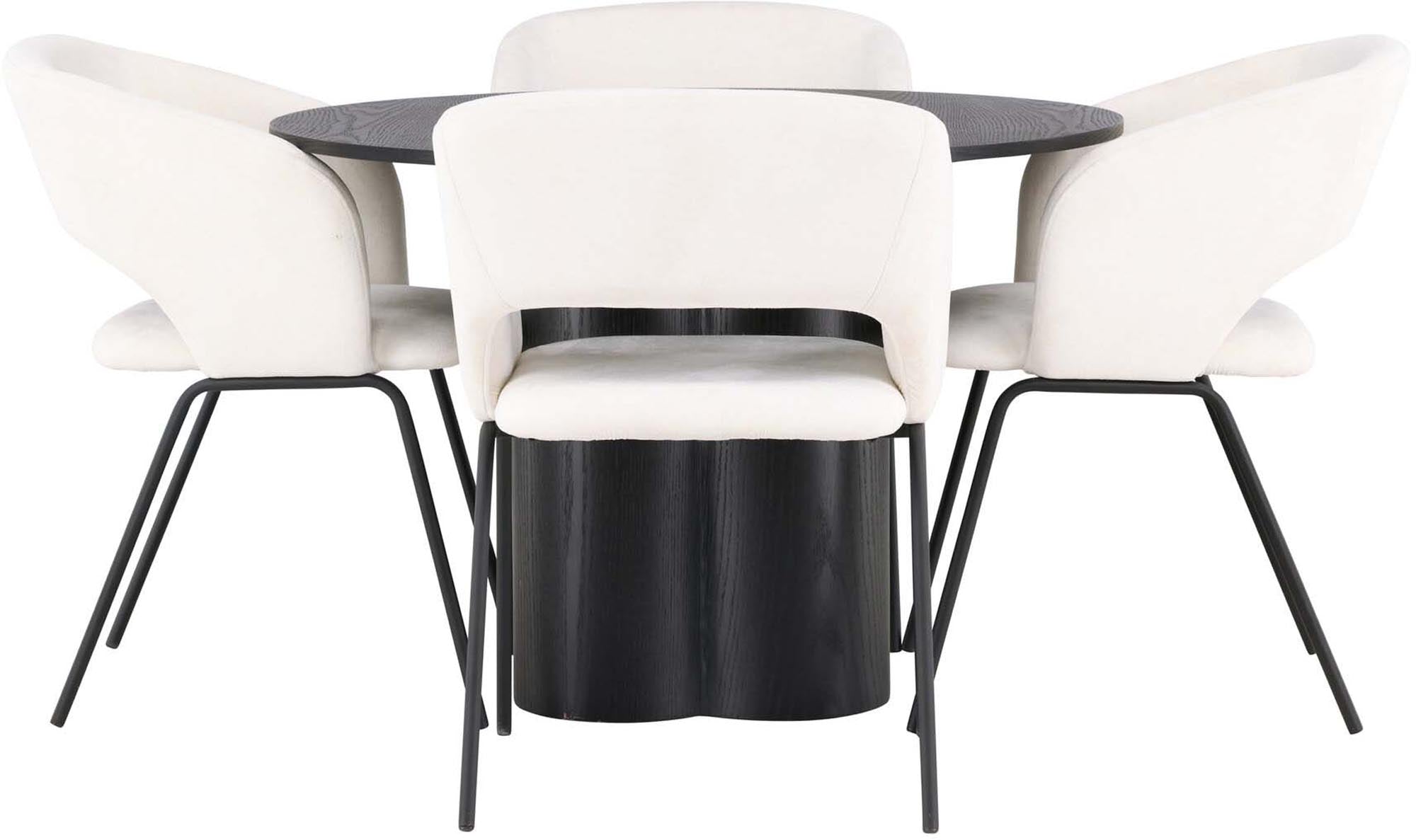 Entdecken Sie das Olivia Esszimmerset + Day von Venture Home: moderner runder Esstisch ⌀110cm und ergonomische Stühle für stilvolle, gesellige Runden.