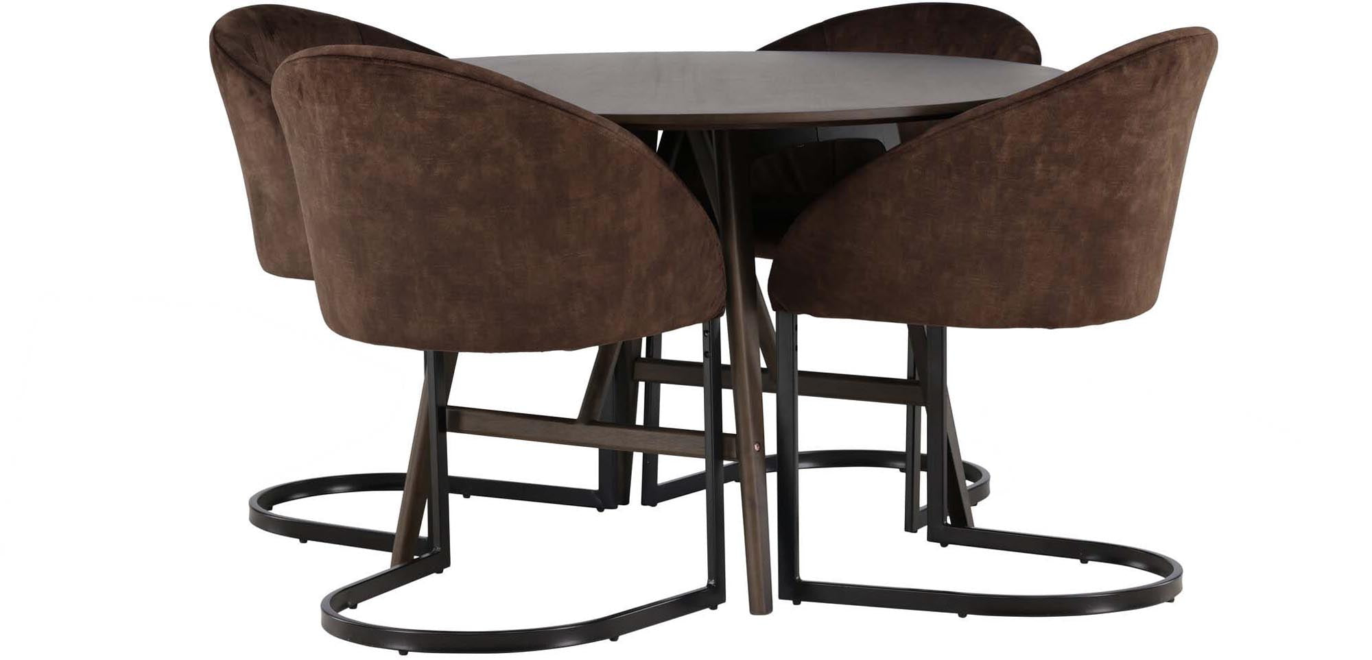 Stilvolles Esszimmerset Kaseindon + Evening: runder Tisch (100cm) mit 4 komfortablen Stühlen, ideal für gesellige Abende.