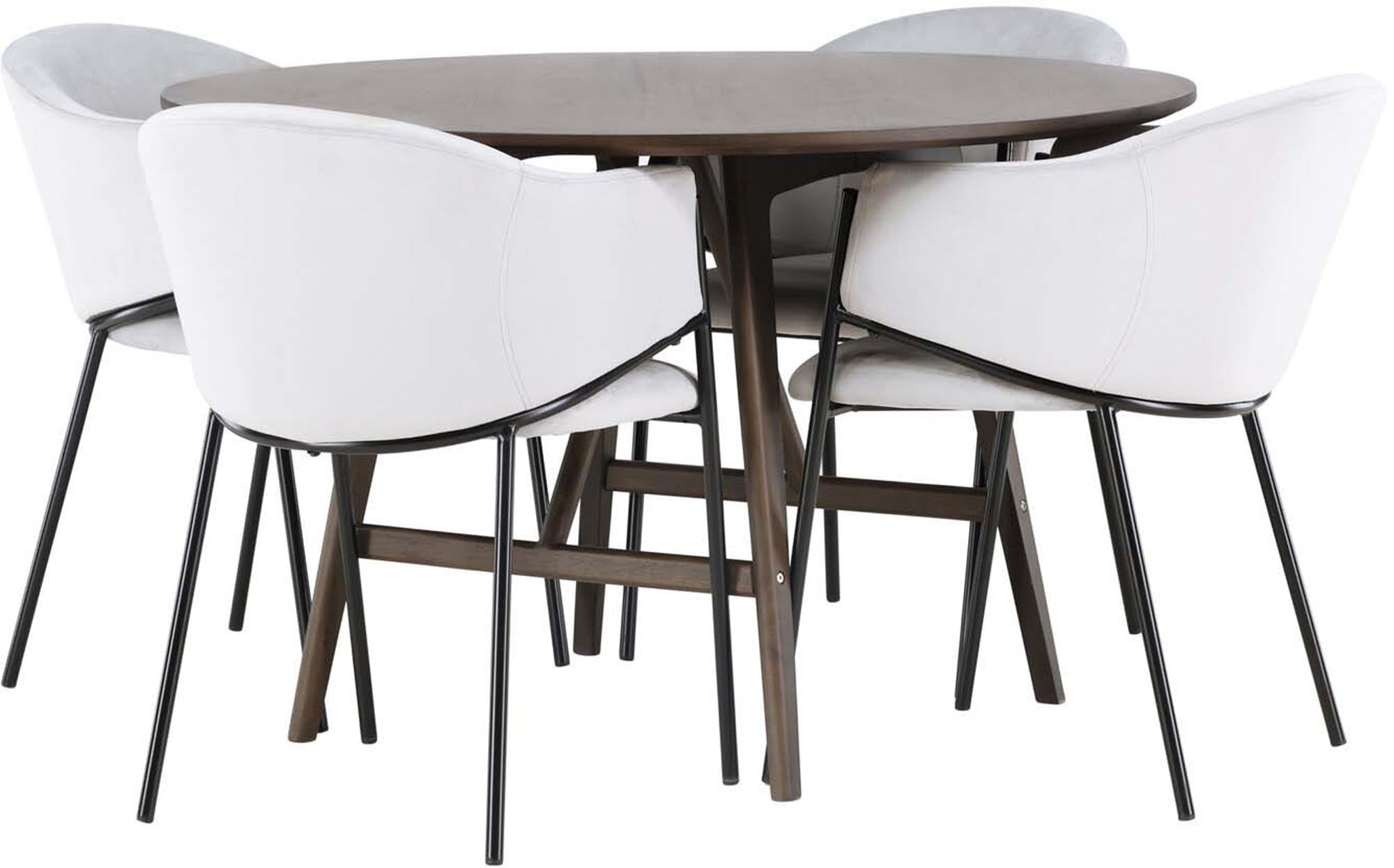 Stilvolles Esszimmerset Kaseindon mit runden Tisch und komfortablen Evelina-Stühlen. Ideal für gesellige Momente und elegantes Wohnen.