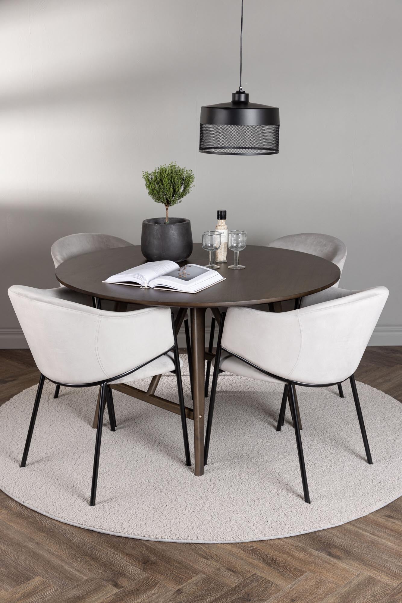 Elegantes Esszimmerset: Runder Tisch (⌀100cm) in Walnuss, 4 Evelina-Stühle in Samt & Stahl. Design trifft Komfort.