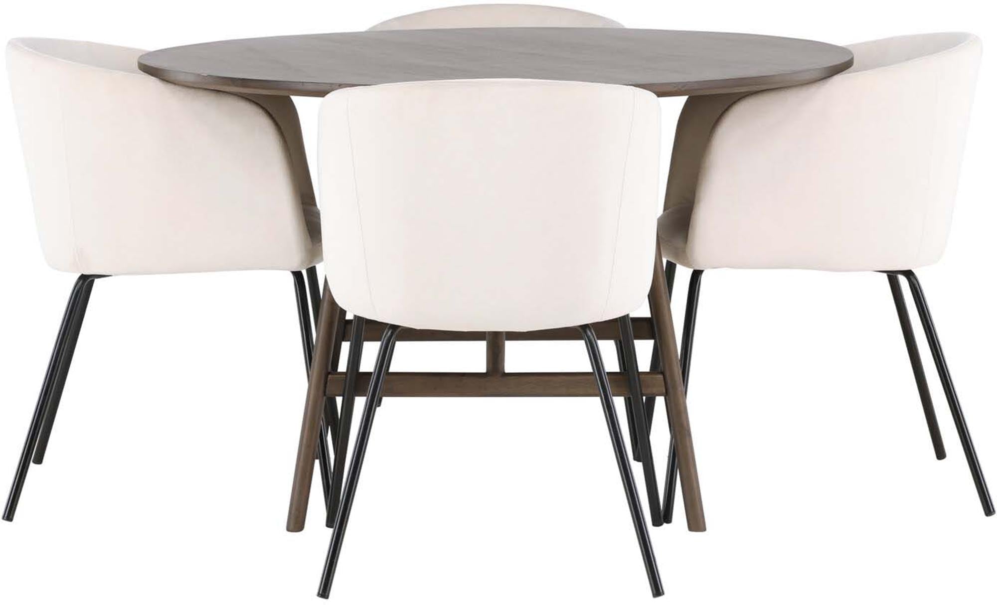 Elegantes Esszimmerset: runder Tisch (100cm) in Walnusston, 4 beige Samtstühle, Komfort & Stil für gesellige Runden.