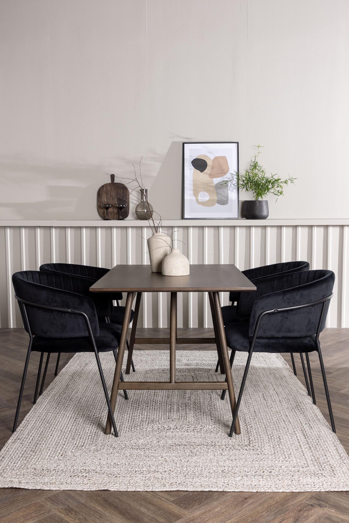 Modernes Esszimmerset in Walnuss, 120x80cm Tisch, 4 Selma Stühle mit Samtpolster, ideal für stilvolle, gesellige Runden.