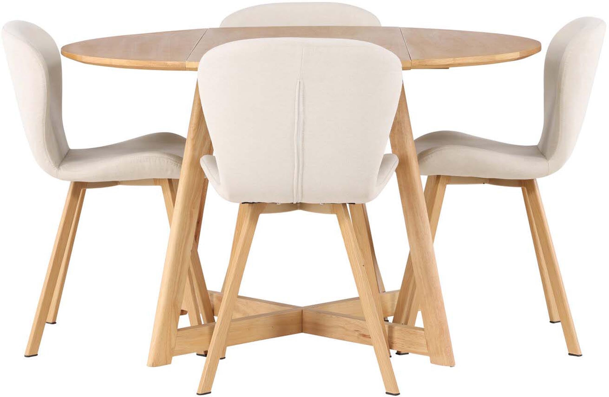 Elegantes Yadikon Esszimmerset: Skandinavisches Design, runder Eichenholztisch, bequeme Lilja-Stühle, ideal für 4 Personen.