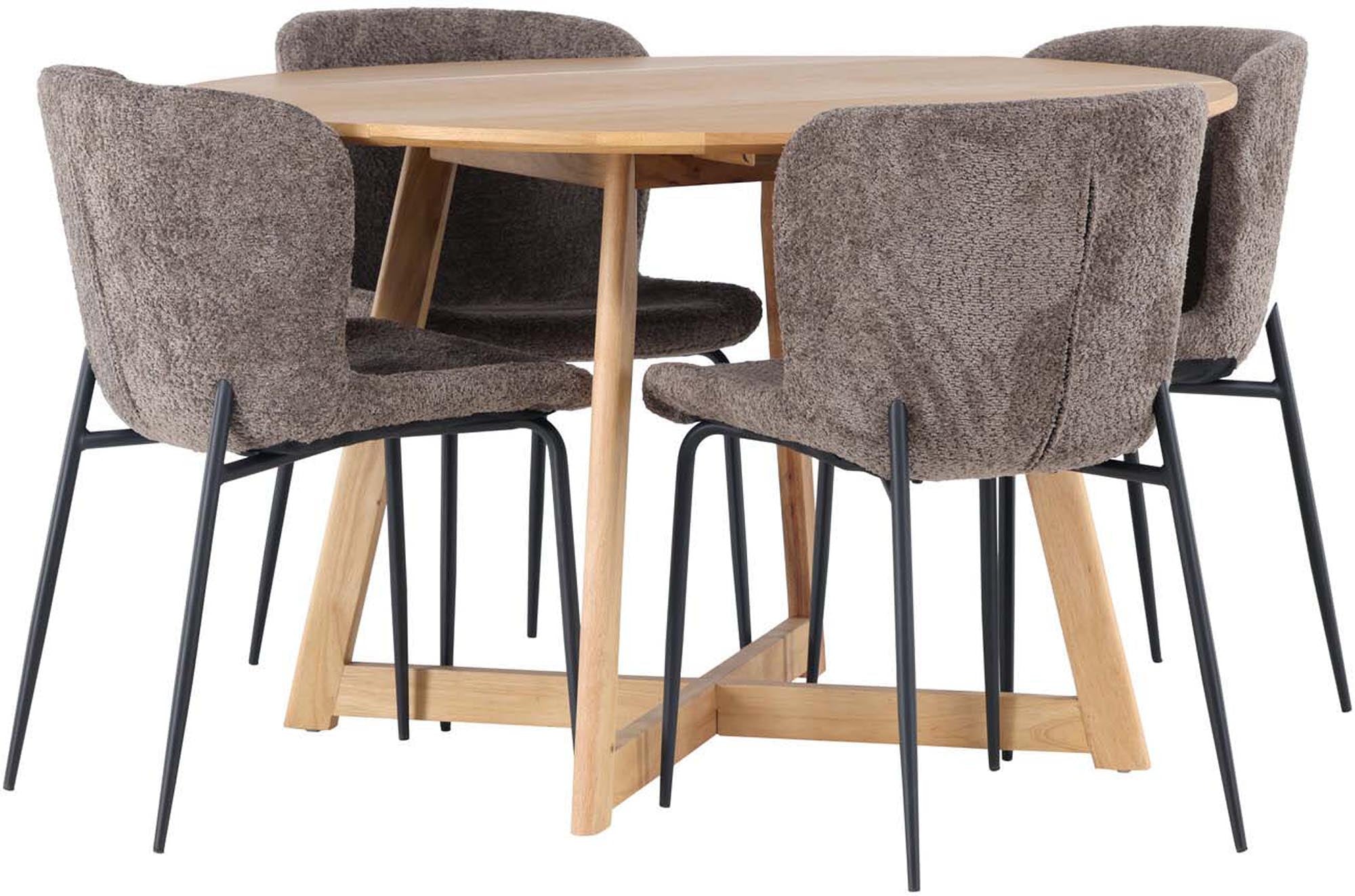 Stilvolles Yadikon Esszimmerset mit rundem Kautschukholztisch (120cm) und 4 bequemen Modesto Stühlen in elegantem Design.