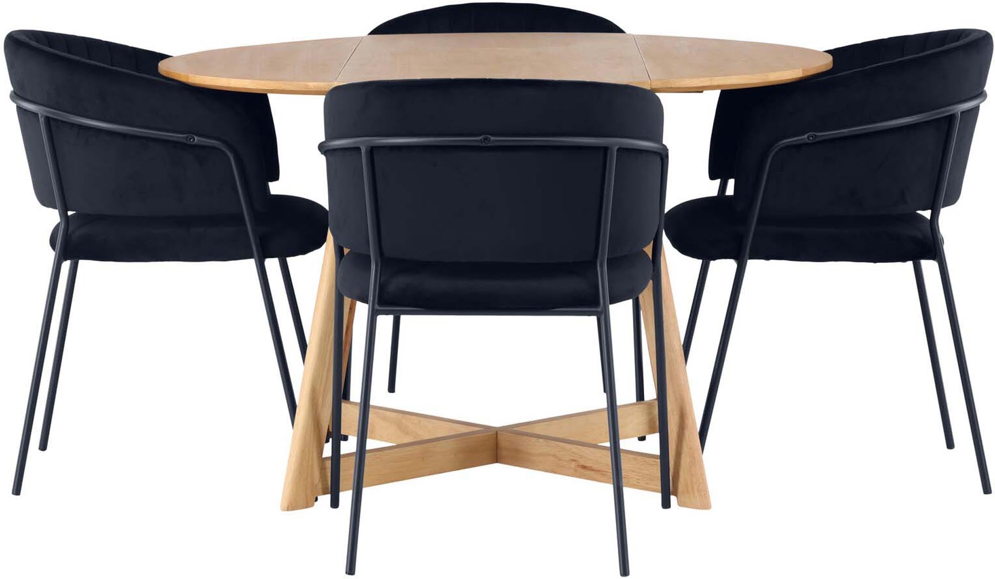 Entdecken Sie das Yadikon Esszimmerset + Selma von Venture Home: stilvoller Esstisch aus Kautschukholz, gepolsterte Samtstühle, modernes Design.