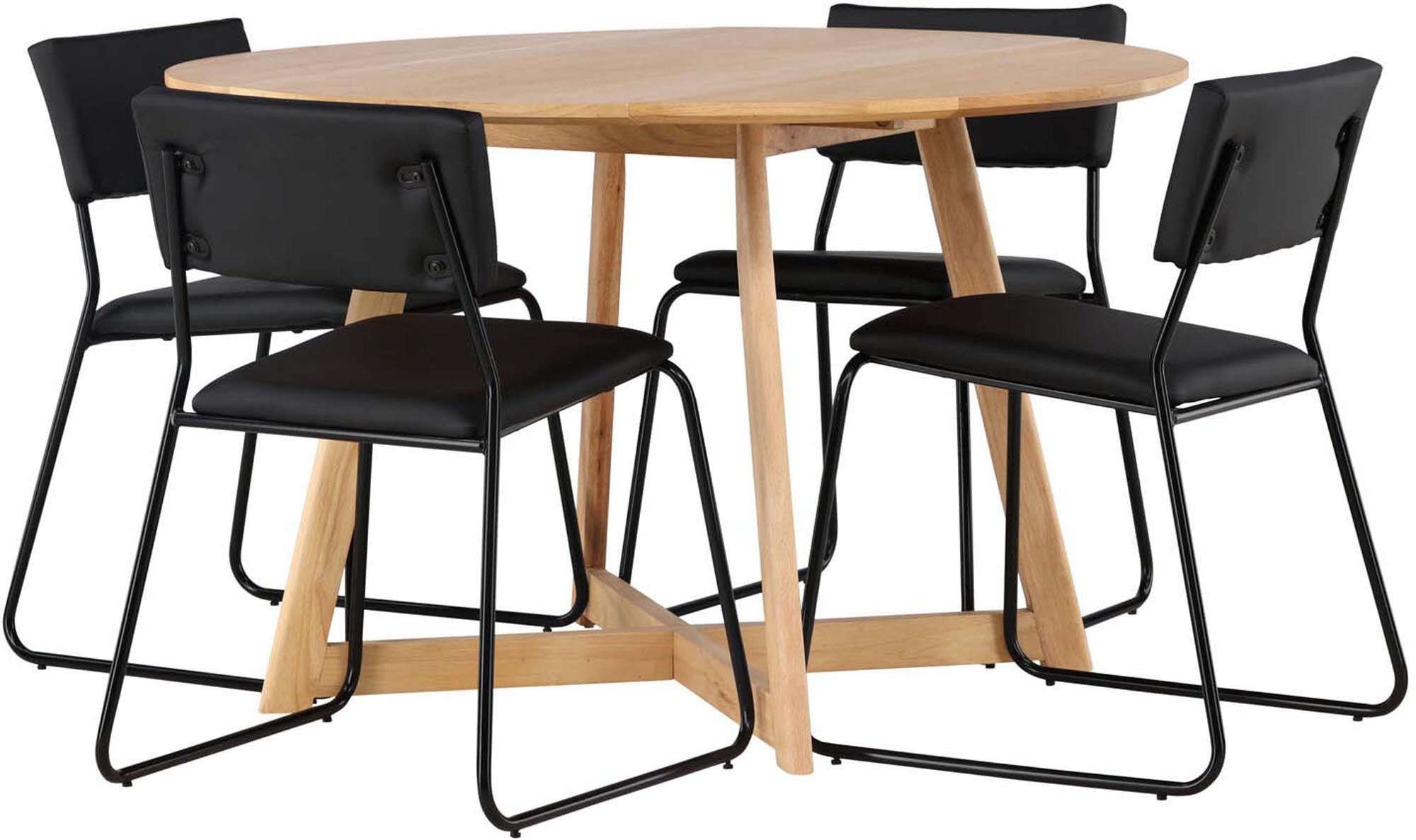 Elegantes Yadikon Esszimmerset mit 120 cm runden Tisch und 4 stilvollen Kenth-Stühlen. Perfekt für gesellige Abende und festliche Anlässe.