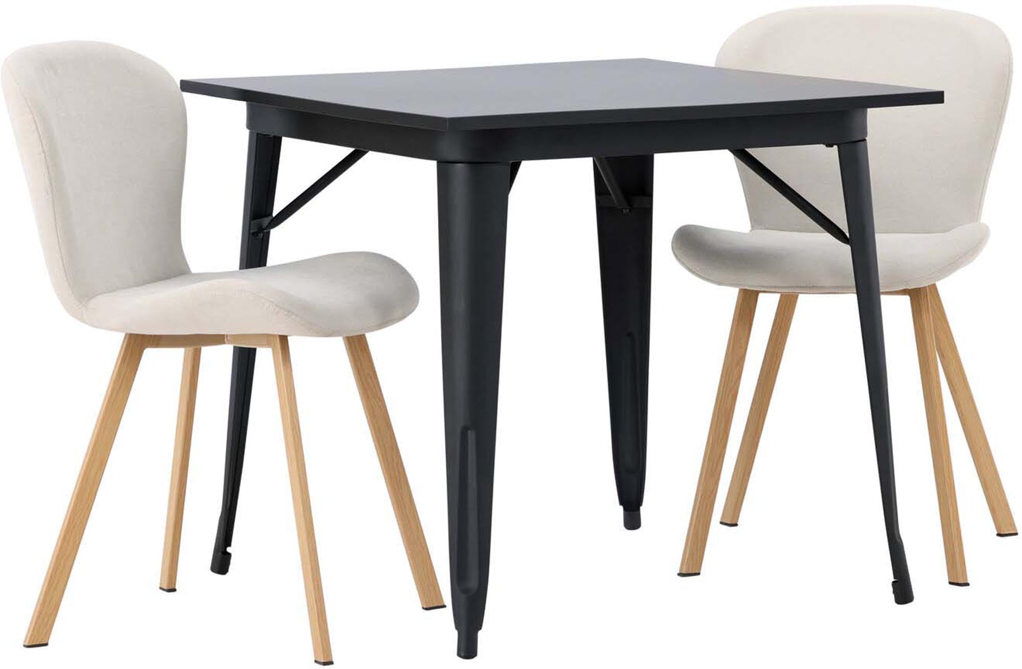 Modernes Esszimmerset: 80x80 cm Tisch aus schwarzem MDF, stabile Stahlbeine, 2 beige Stühle aus Polyester, skandinavisches Design.