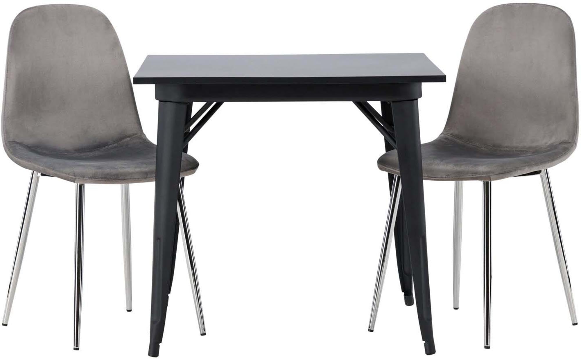 Stylisches Esszimmerset Tempe mit quadratischem 80cm Tisch und 2 eleganten Eva-Stühlen aus grauem Samt für modernes Wohnen.