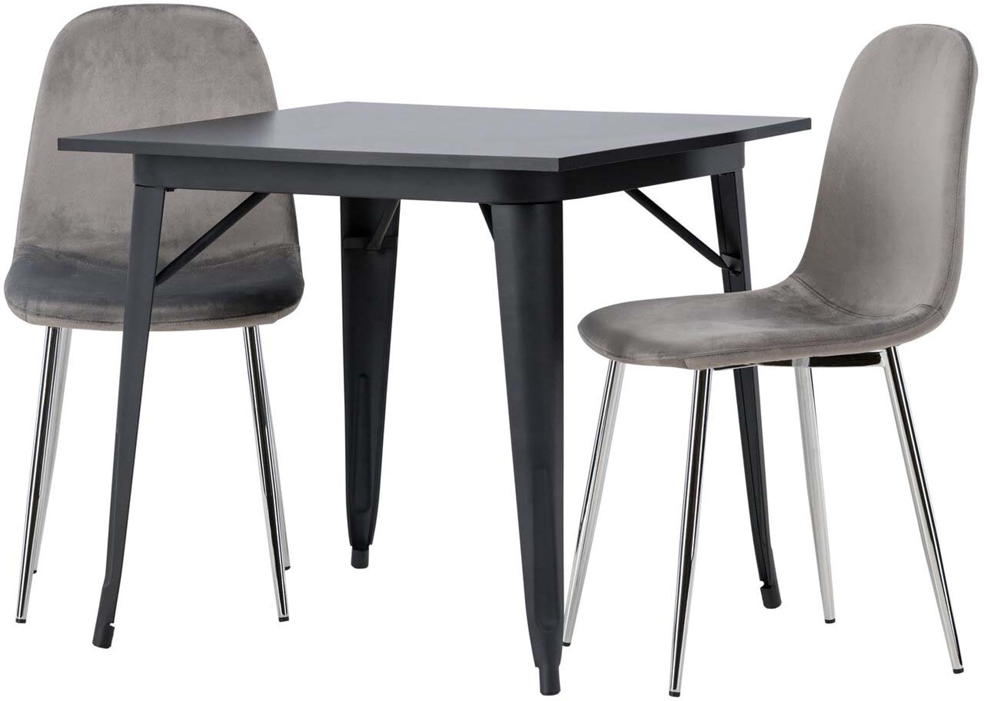 Stilvolles Tempe Esszimmerset: 80cm Tisch, schwarze MDF-Platte, graue Samtstühle, skandinavisches Design, modern und komfortabel.