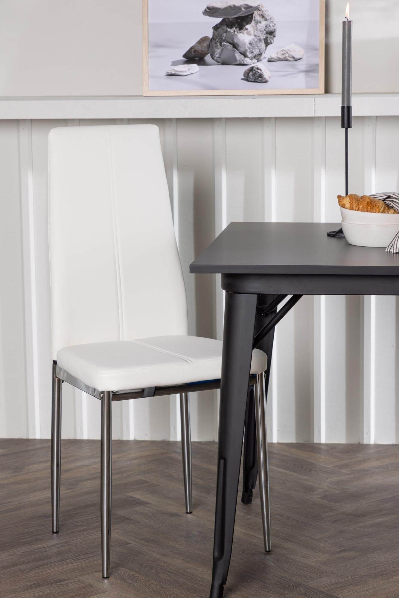 Elegantes Esszimmerset Tempe: Quadratischer 80 cm Tisch aus schwarzem MDF und komfortable Pastill-Stühle in weißem Kunstleder für stilvolle Esszimmer.