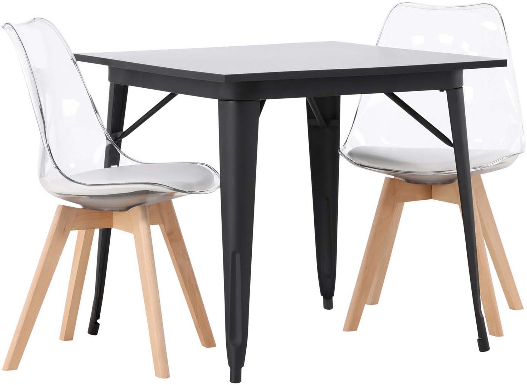 Modernes Esszimmerset: 80x80 cm Tisch aus schwarzem MDF, Edvin-Stühle mit PET-Sitz und Naturholzbeinen. Stilvoll und funktional.