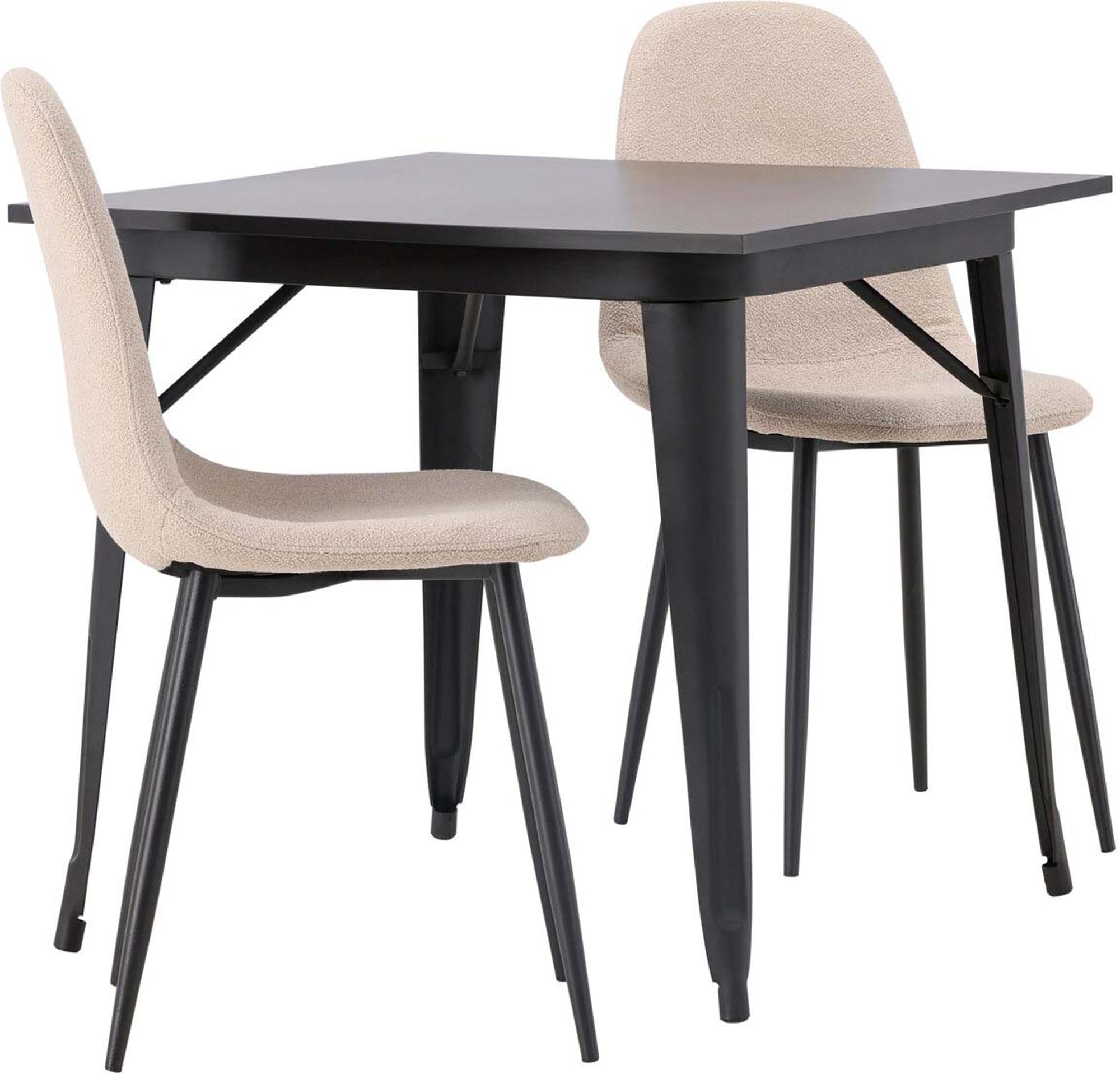 Elegantes Tempe Esszimmerset mit stabiler 80x80 cm Tischplatte aus MDF und bequemen Polar-Stühlen in modernem Bouclé-Stoff für gemütliche Essmomente.