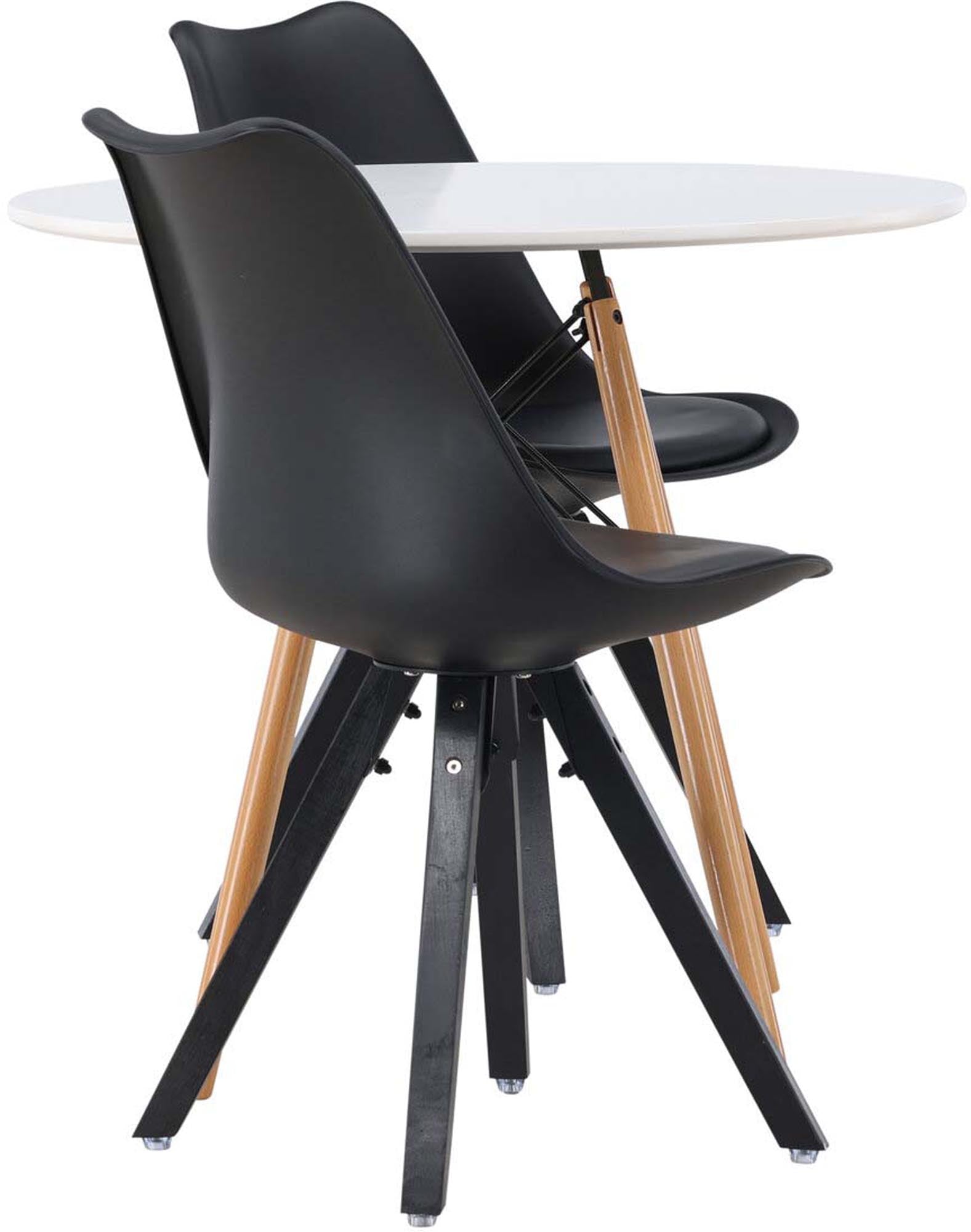 Stilvolles Danburi Esstischset: Weisser MDF-Tisch, Buchenholzbeine, Zeno Stühle mit Sitzkissen, ideal für kleine Räume.