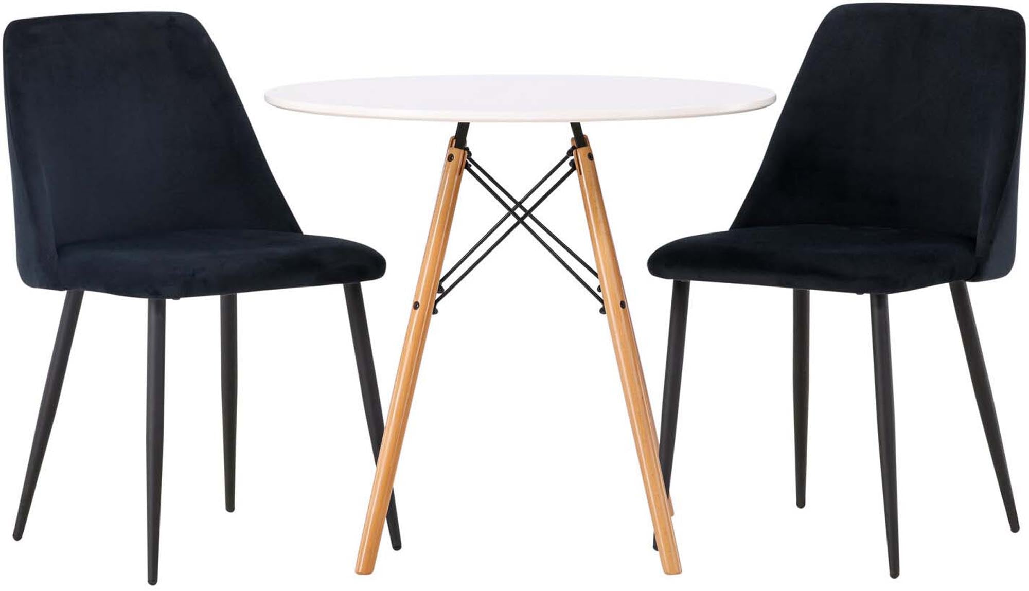 Elegantes Danburi Esszimmerset mit runden Tisch und 2 gepolsterten Samtstühlen. Ideal für stilvolle Essbereiche und gemütliche Anlässe.