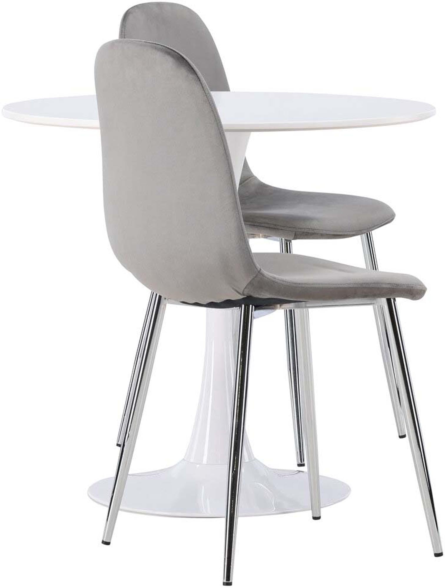 Elegantes Esszimmerset mit rundem MDF-Tisch und luxuriösen Samtstühlen. Modern, komfortabel und funktional für stilvolle Mahlzeiten.