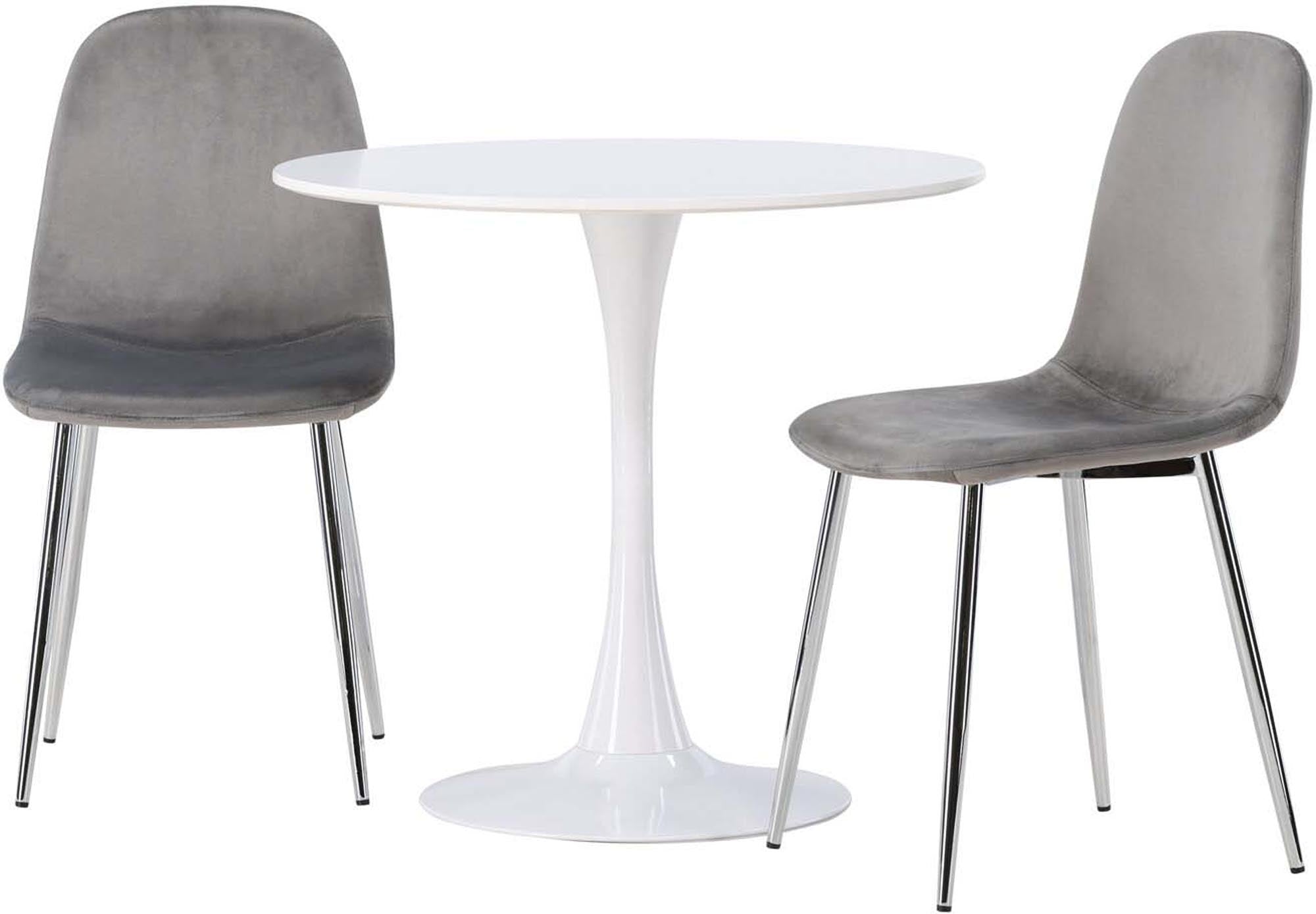 Elegantes Esszimmerset mit rundem MDF-Tisch und luxuriösen Samtstühlen. Modern, komfortabel und funktional für stilvolle Mahlzeiten.