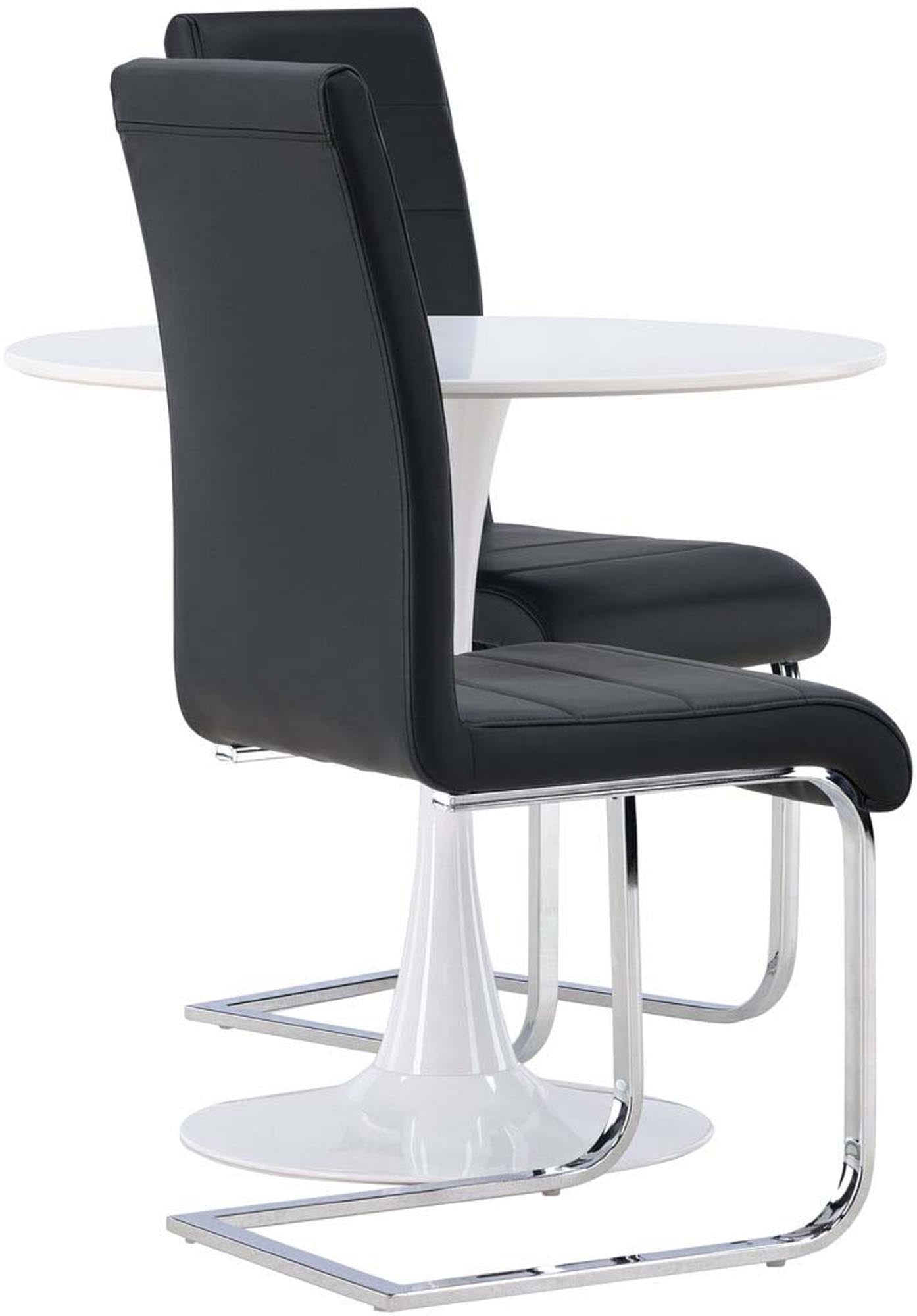 Elegantes Esszimmerset: Runder Tisch mit weissem MDF, stabilem Stahlfuss, 2 schwarze PU-Stühle, ideal für modernes Industriedesign.