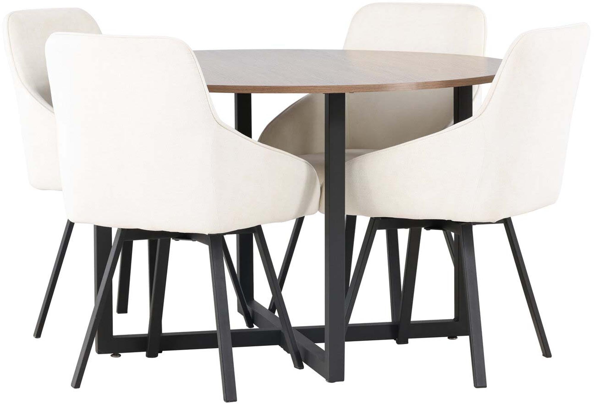 Entdecken Sie das stilvolle Durango Esszimmerset + Rosie: Eleganz trifft Funktionalität mit einem runden Tisch und bequemen Stühlen.
