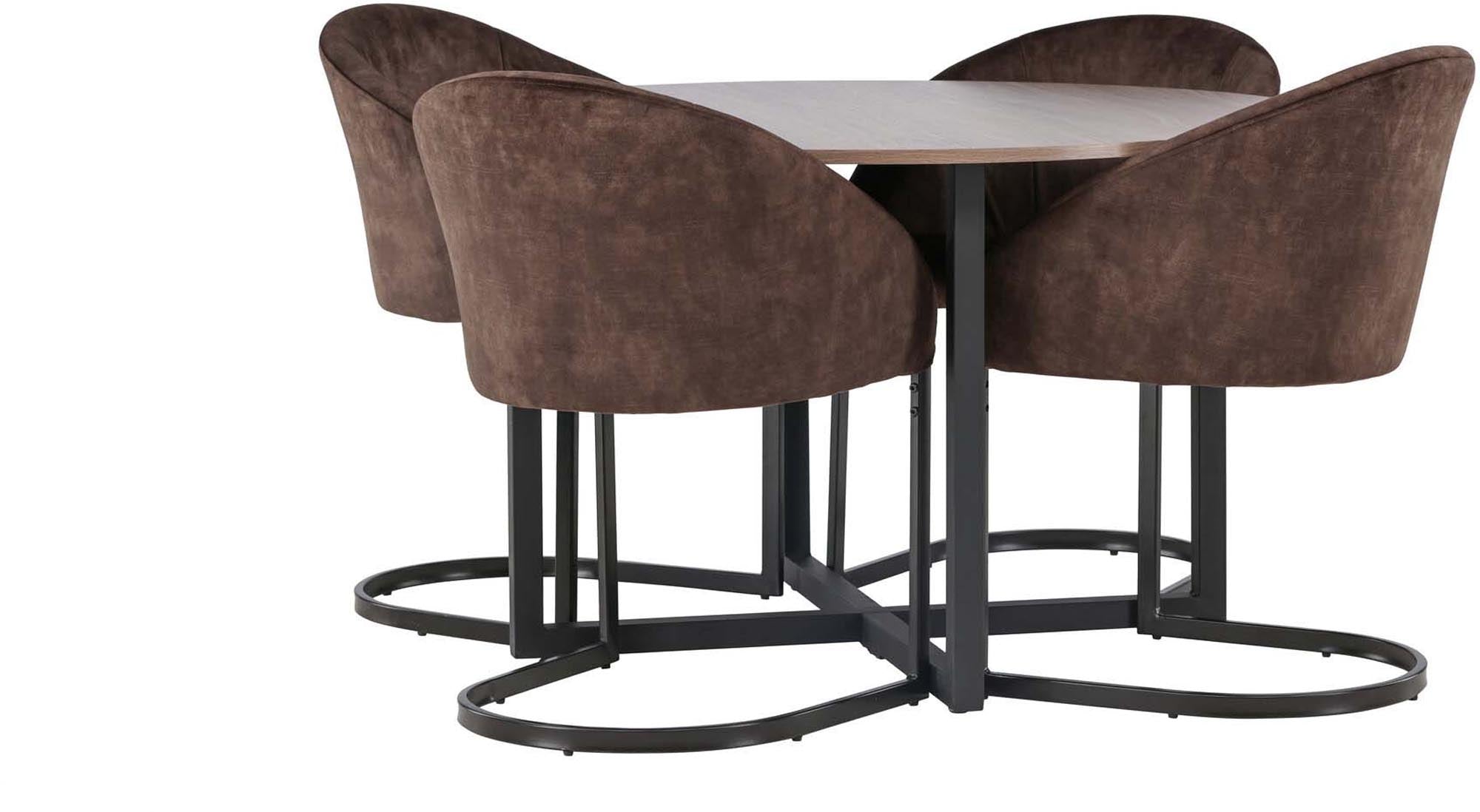 Elegantes Esszimmerset mit skandinavischem Flair: Walnussoptik, schwarzer Stahl, bunte Stühle. Perfekt für gesellige Runden.