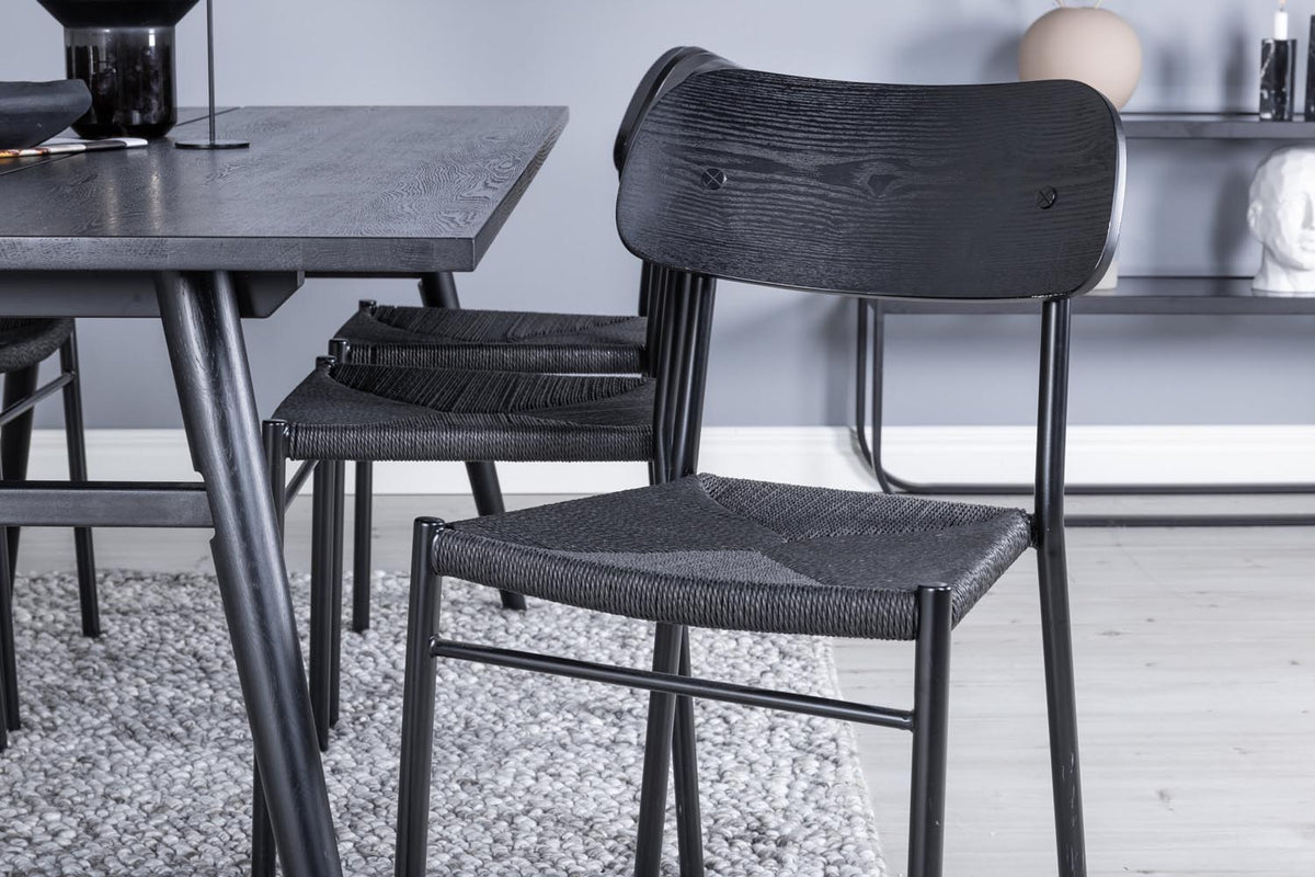 Esszimmer Set Sleek mit Stuhl Polly, Tisch aus MDF und Furnier mit Stahlgestell, sechs Stühle, Farbe Schwarz und hell gebürstet
