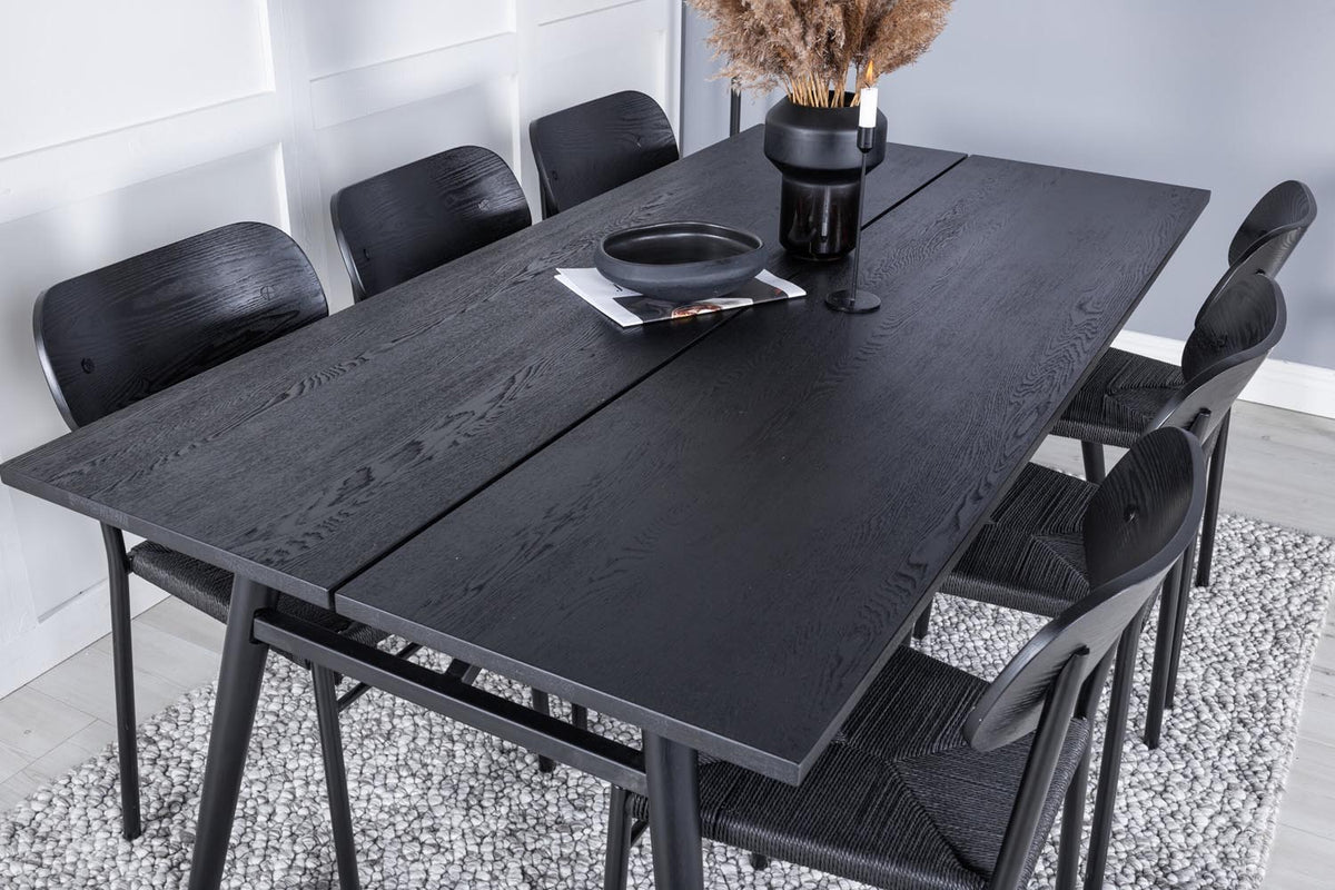 Esszimmer Set Sleek mit Stuhl Polly, Tisch aus MDF und Furnier mit Stahlgestell, sechs Stühle, Farbe Schwarz und hell gebürstet