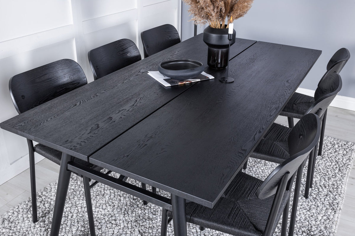 Esszimmer Set Sleek mit Stuhl Polly, Tisch aus MDF und Furnier mit Stahlgestell, sechs Stühle, Farbe Schwarz und hell gebürstet