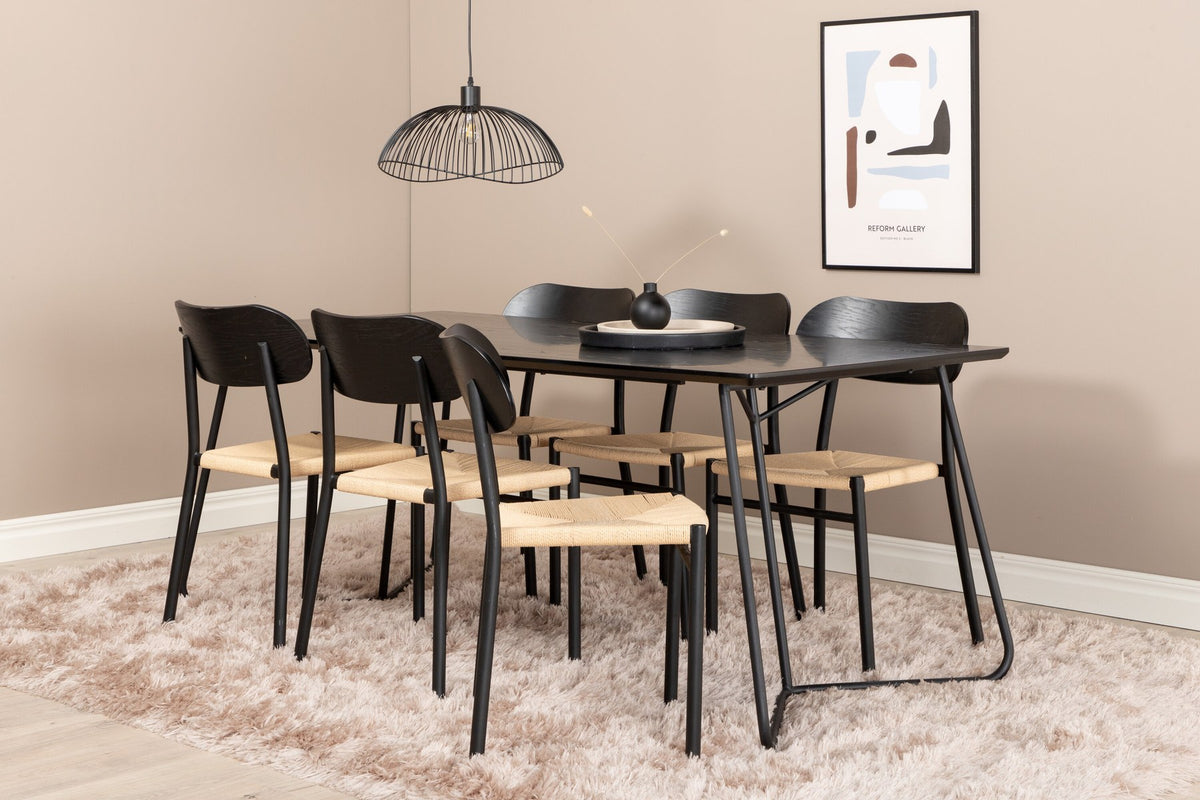 Esszimmer Set Petra mit Stuhl Polly von Venture Home: schwarzer Tisch aus MDF und Furnier mit sechs Stühlen mit Seilbespannung in Natur.