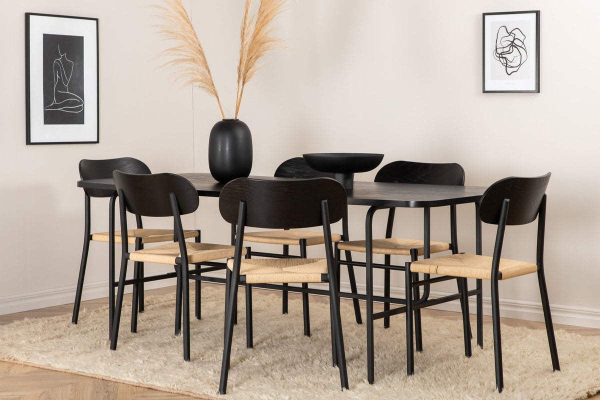 Esszimmer Set Uno mit Stuhl Polly: rechteckiger Tisch mit Walnuss-Furnierplatte und schwarzem Metallgestell, sechs Stühle mit schwarzem Seilsitz.