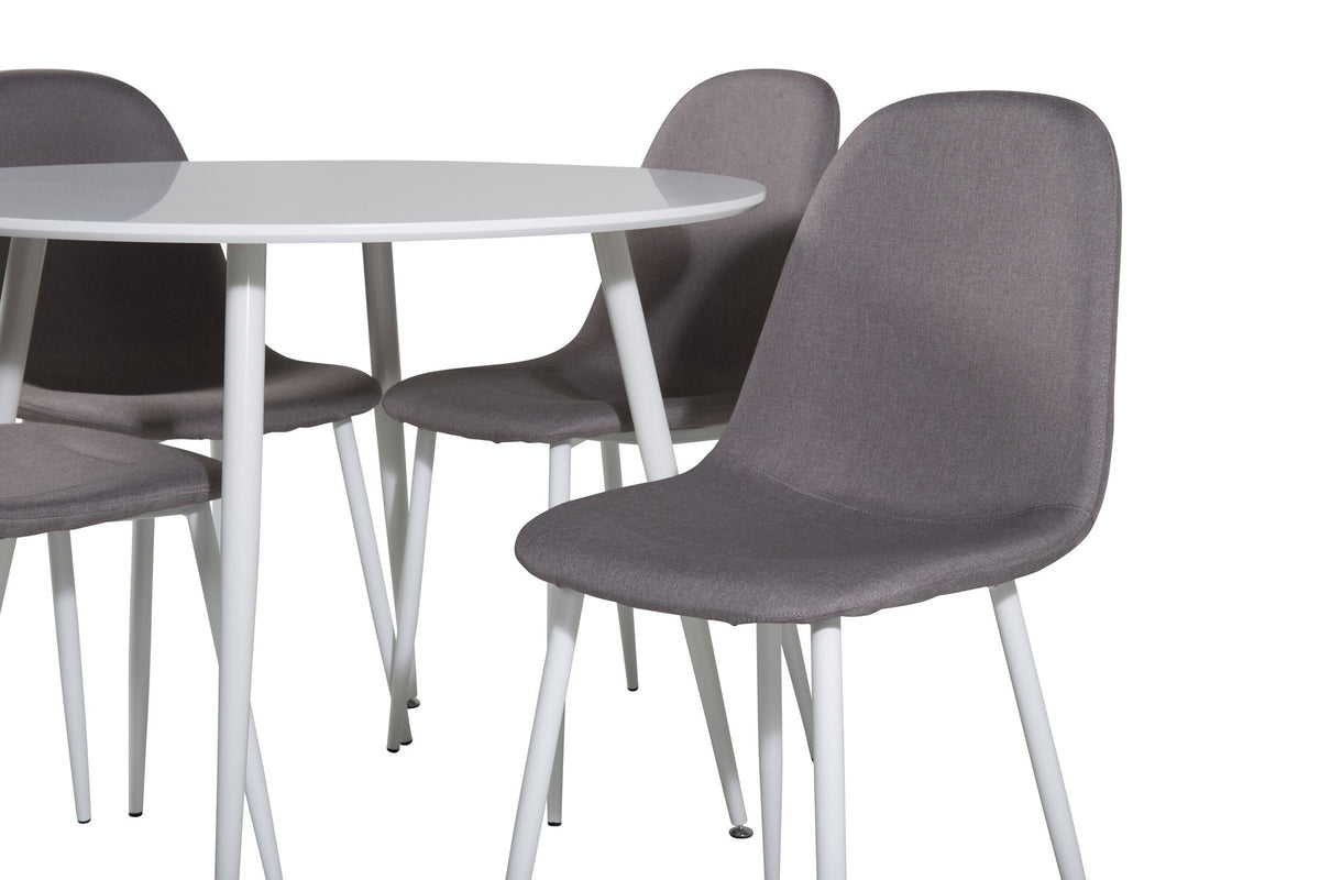 Esszimmerset Plaza mit Tisch aus MDF und Stahlgestell sowie vier Stühlen Polar in Weiss/Grau/Weiss, Ansicht des kompletten Sets.