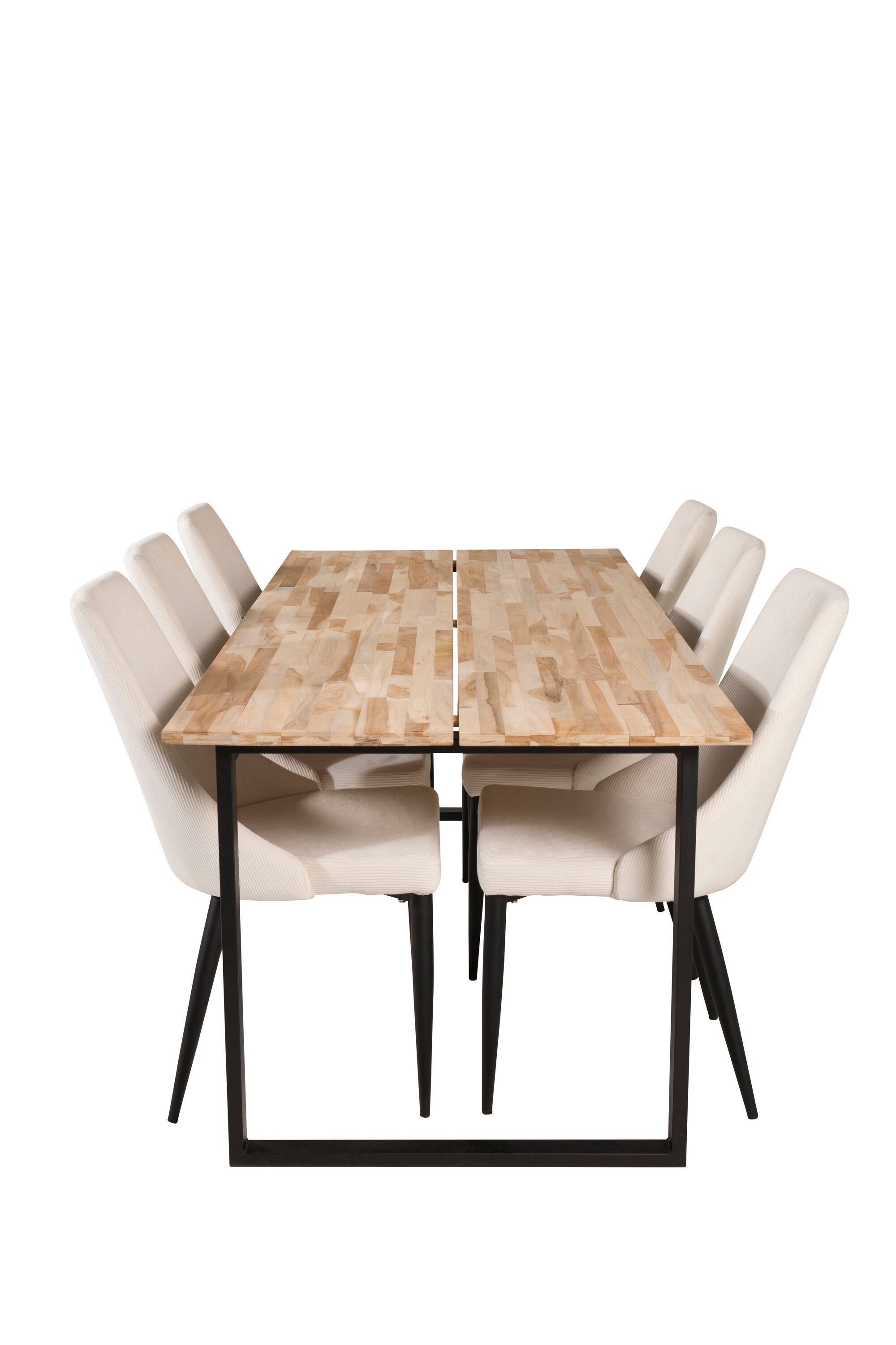 Elegantes Esszimmer Set Cirebon aus Teakholz und Stahl, mit komfortablen Stühlen Leone – stilvoll und langlebig.