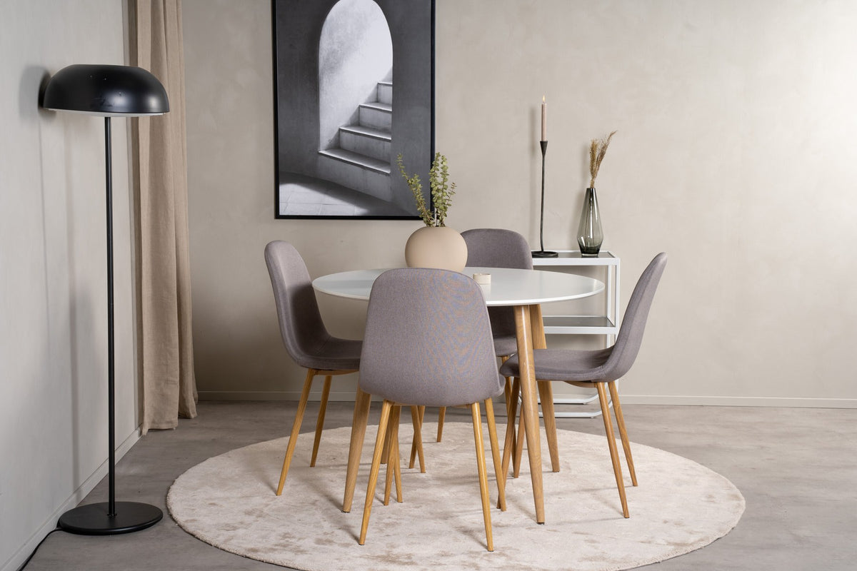 Esszimmerset Plaza mit Tisch aus MDF und Stahlgestell sowie vier Stühlen Polar in Weiss/Grau/Weiss, Ansicht des kompletten Sets.