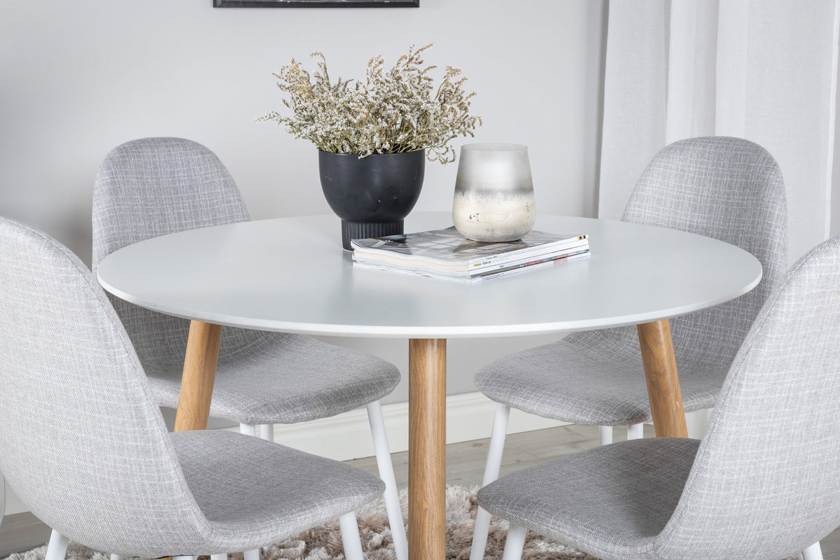 Esszimmerset Plaza mit Tisch aus MDF und Stahlgestell sowie vier Stühlen Polar in Weiss/Grau/Weiss, Ansicht des kompletten Sets.