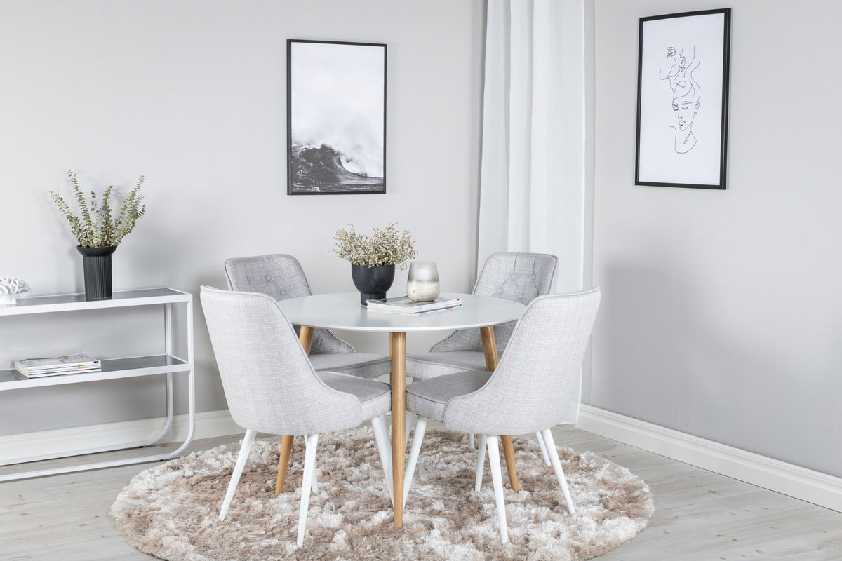 Esszimmer Set Plaza von Venture Home: Esstisch mit MDF-Platte und Stahlgestell in Grau schwarz, dazu vier gepolsterte Velvet Deluxe Stühle.