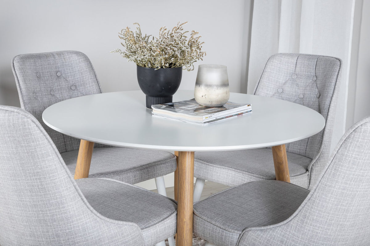 Esszimmer Set Plaza von Venture Home: Esstisch mit MDF-Platte und Stahlgestell in Grau schwarz, dazu vier gepolsterte Velvet Deluxe Stühle.