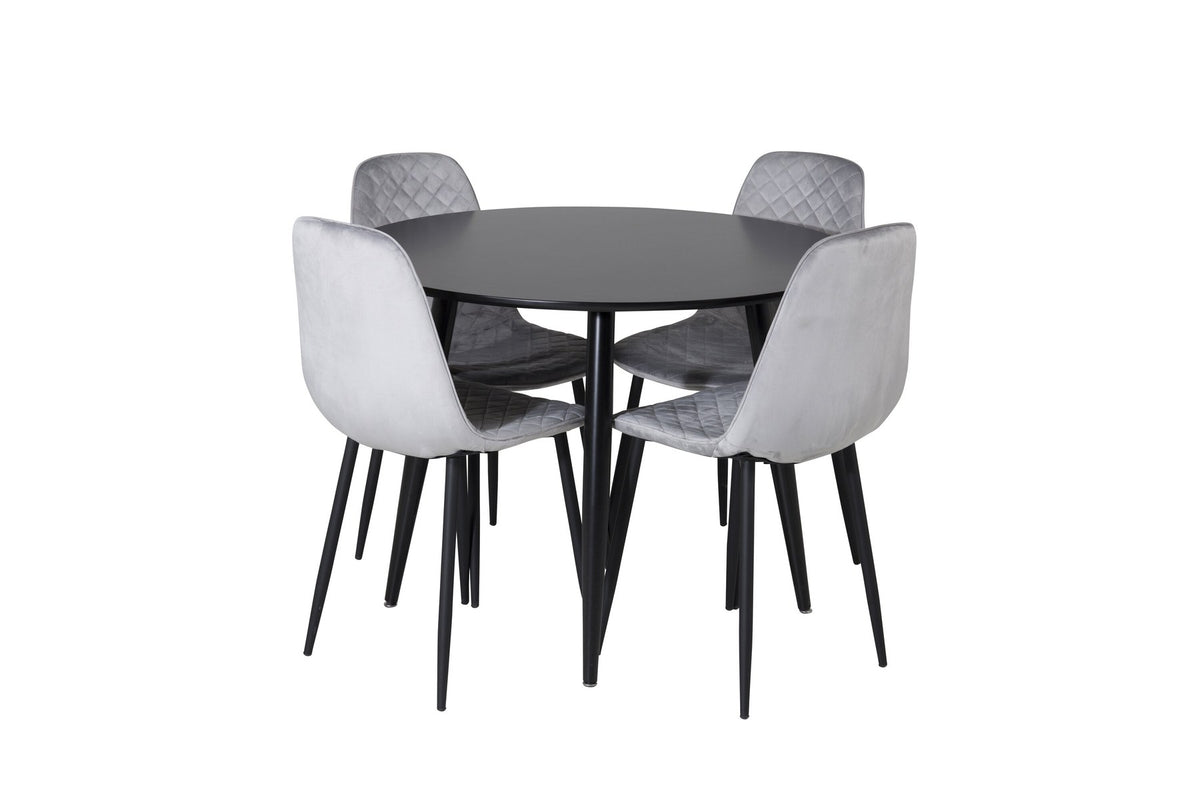 Esszimmerset Plaza mit Tisch aus MDF und Stahlgestell sowie vier Stühlen Polar in Weiss/Grau/Weiss, Ansicht des kompletten Sets.