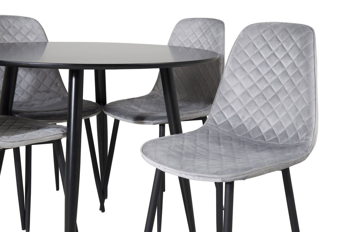 Esszimmerset Plaza mit Tisch aus MDF und Stahlgestell sowie vier Stühlen Polar in Weiss/Grau/Weiss, Ansicht des kompletten Sets.