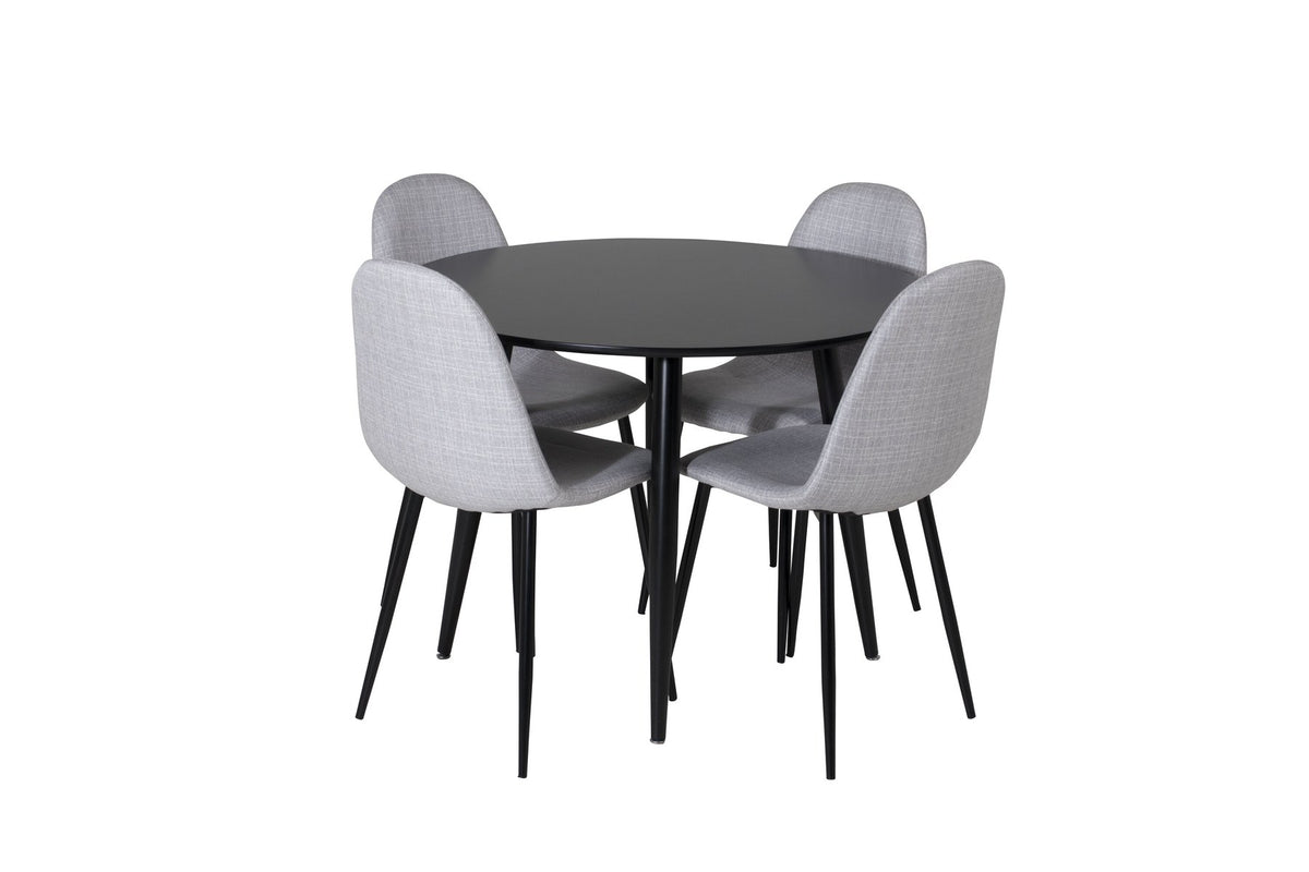 Esszimmerset Plaza mit Tisch aus MDF und Stahlgestell sowie vier Stühlen Polar in Weiss/Grau/Weiss, Ansicht des kompletten Sets.