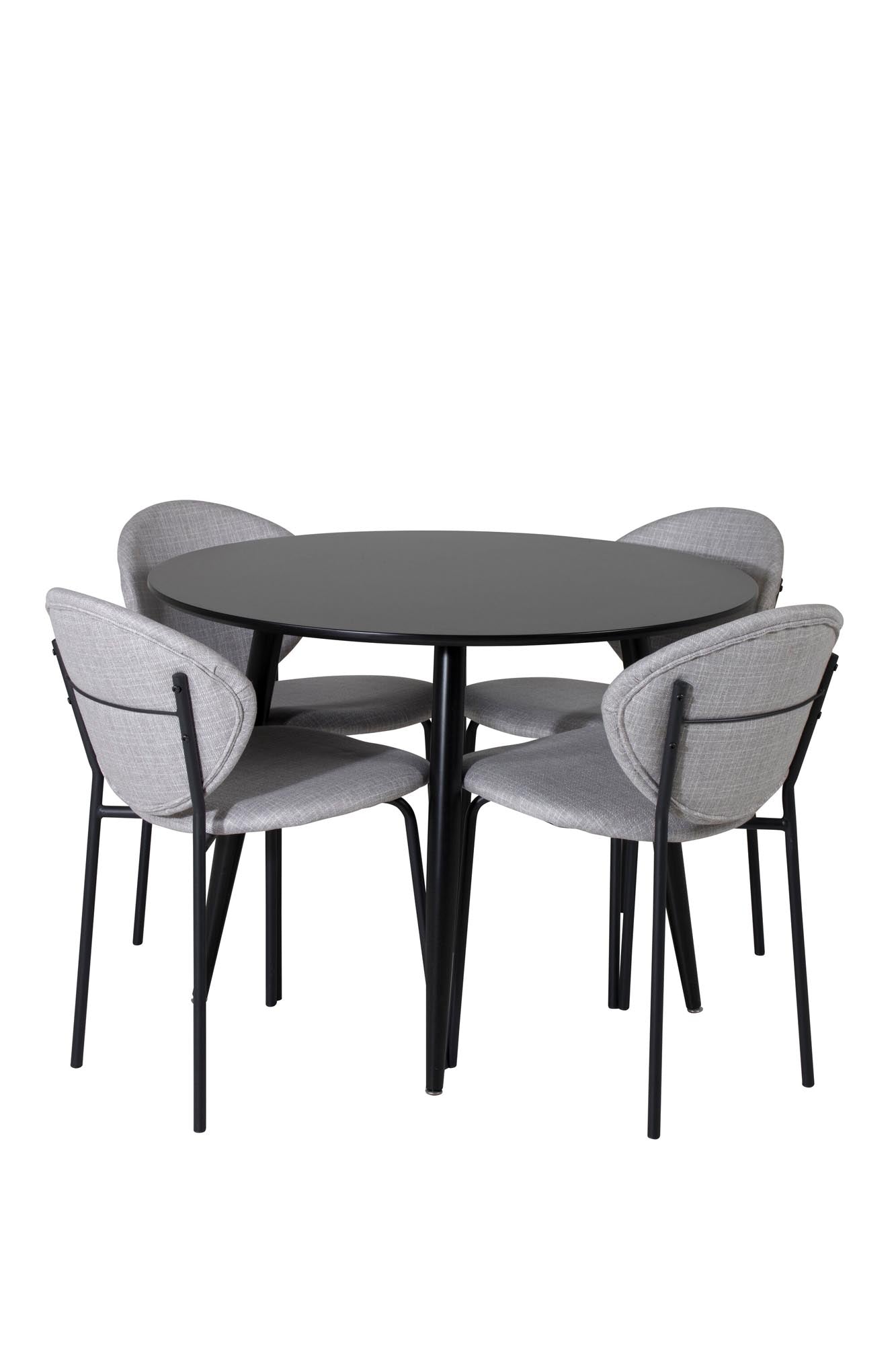 Stilvolles Esszimmer Set Plaza: Runder Tisch mit schwarzer Platte, graue Vault-Stühle, modern, funktional, einladend.