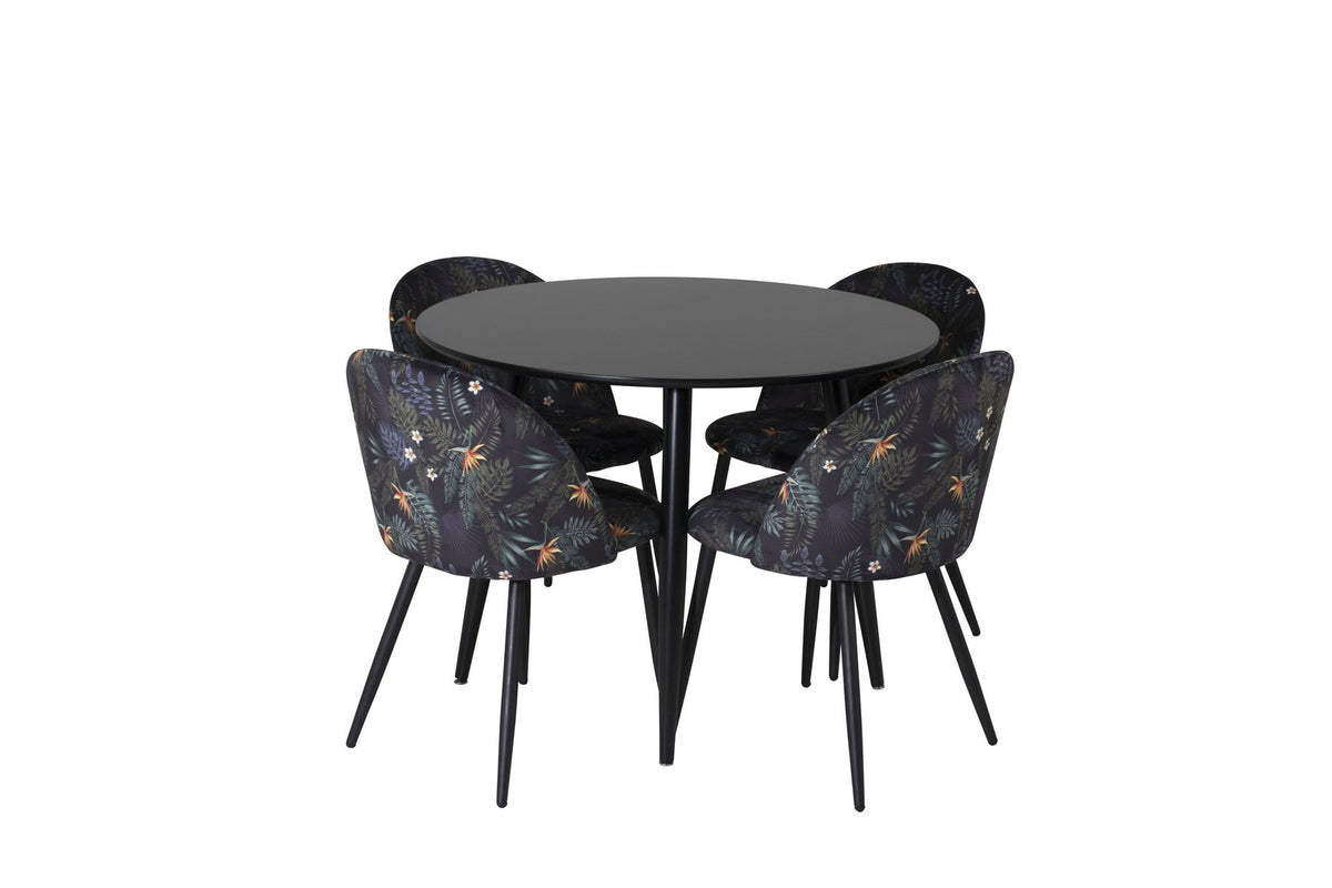 Esszimmer Set Plaza mit Stuhl Velvet von Venture Home: Esstisch aus MDF mit Stahlgestell in Schwarz, dazu vier gepolsterte Stühle.