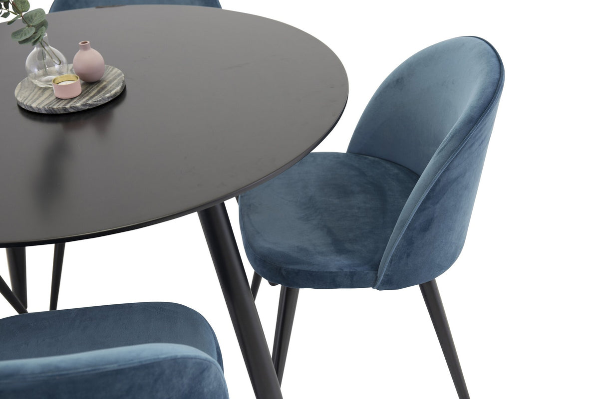 Esszimmer Set Plaza mit Stuhl Velvet von Venture Home: Esstisch aus MDF mit Stahlgestell in Schwarz, dazu vier gepolsterte Stühle.