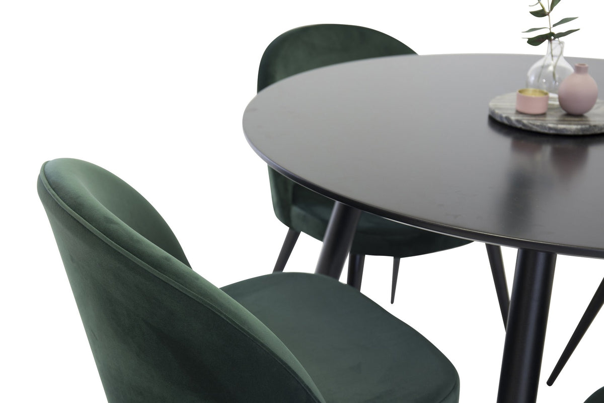 Esszimmer Set Plaza mit Stuhl Velvet von Venture Home: Esstisch aus MDF mit Stahlgestell in Schwarz, dazu vier gepolsterte Stühle.