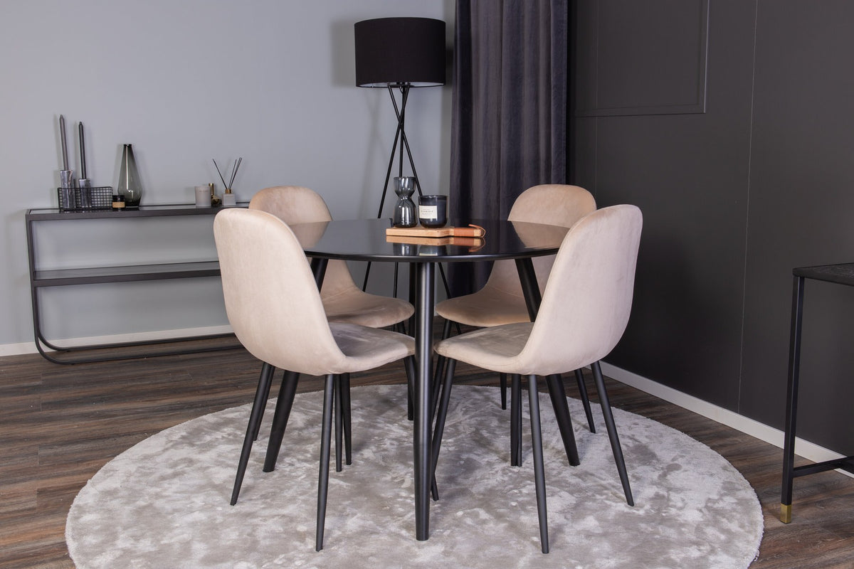 Esszimmerset Plaza mit Tisch aus MDF und Stahlgestell sowie vier Stühlen Polar in Weiss/Grau/Weiss, Ansicht des kompletten Sets.