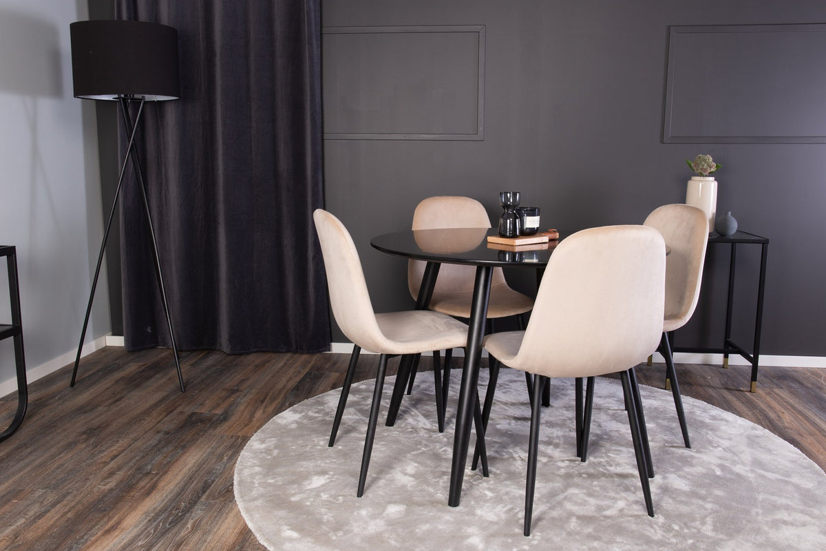 Esszimmerset Plaza mit Tisch aus MDF und Stahlgestell sowie vier Stühlen Polar in Weiss/Grau/Weiss, Ansicht des kompletten Sets.