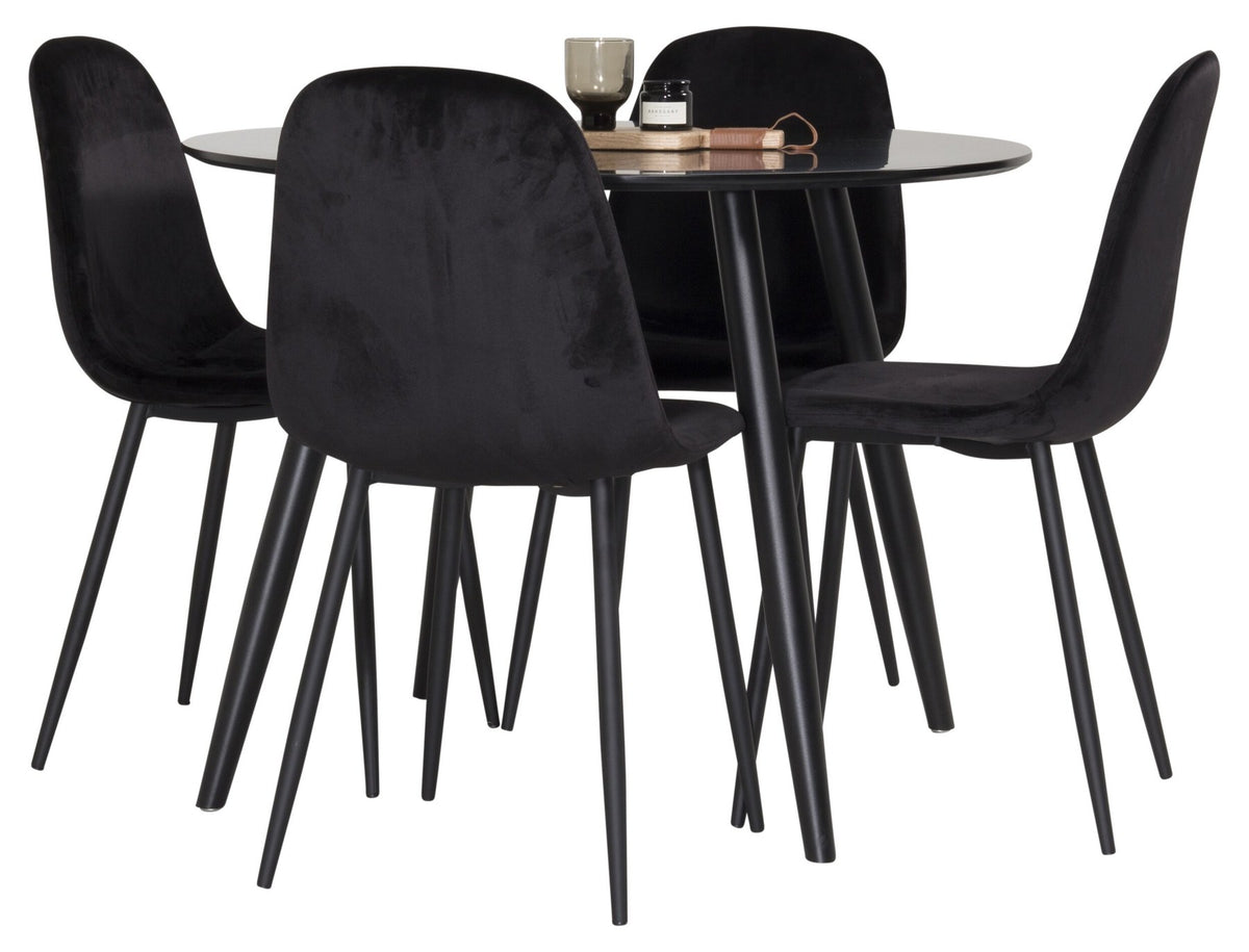 Esszimmerset Plaza mit Tisch aus MDF und Stahlgestell sowie vier Stühlen Polar in Weiss/Grau/Weiss, Ansicht des kompletten Sets.