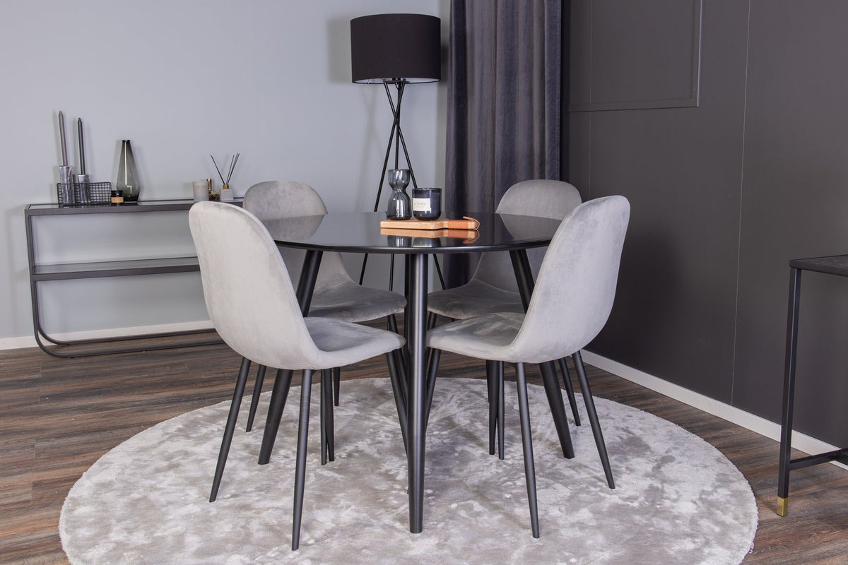 Esszimmerset Plaza mit Tisch aus MDF und Stahlgestell sowie vier Stühlen Polar in Weiss/Grau/Weiss, Ansicht des kompletten Sets.