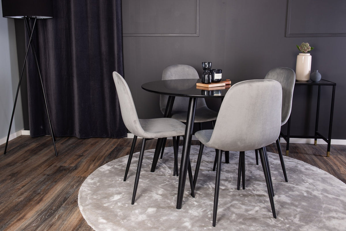 Esszimmerset Plaza mit Tisch aus MDF und Stahlgestell sowie vier Stühlen Polar in Weiss/Grau/Weiss, Ansicht des kompletten Sets.