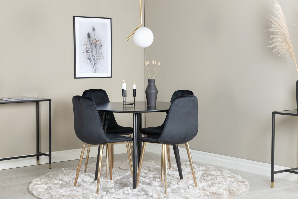 Esszimmerset Plaza mit Tisch aus MDF und Stahlgestell sowie vier Stühlen Polar in Weiss/Grau/Weiss, Ansicht des kompletten Sets.
